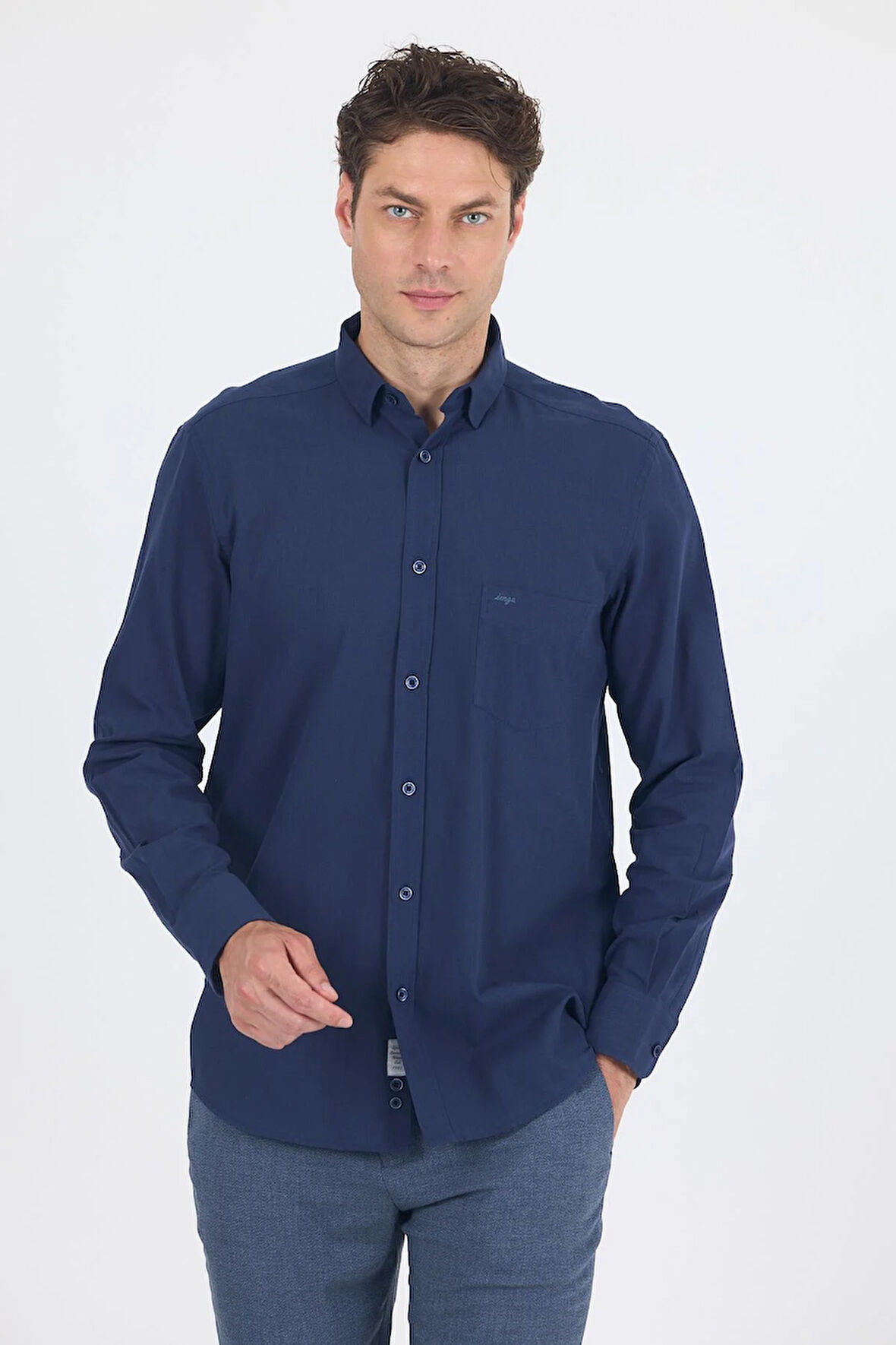 Lacivert Uzun Kol Düz Armür Oval Yaka Casual Comfort Fit Gömlek 1004250249