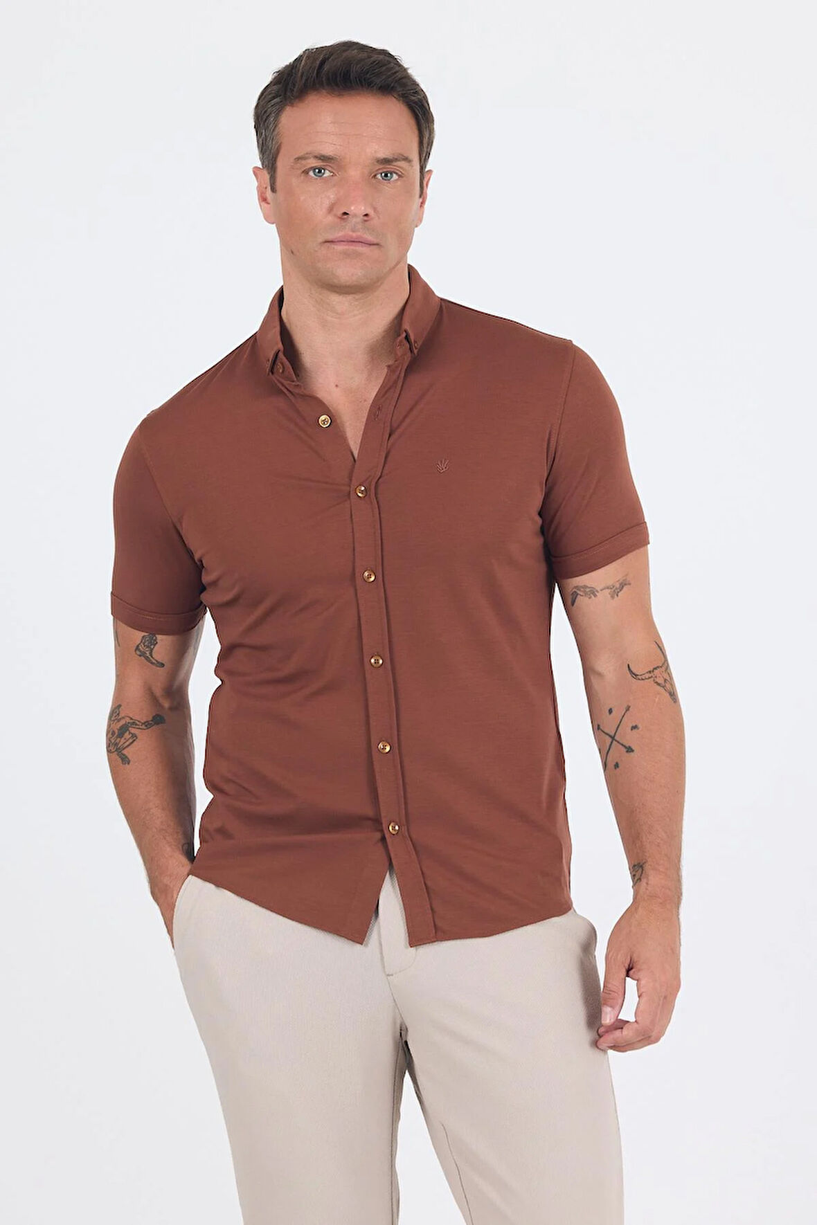 Kiremit italyan Düğmeli Yaka Kısa Kol Cepsiz Slim Fit Gömlek 1004250255