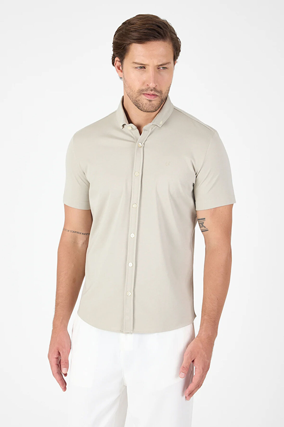 Taş Rengi Kısa Kol Düğmeli Yaka Cepsiz Performans Ürün Slim Fit  Gömlek 1004250256