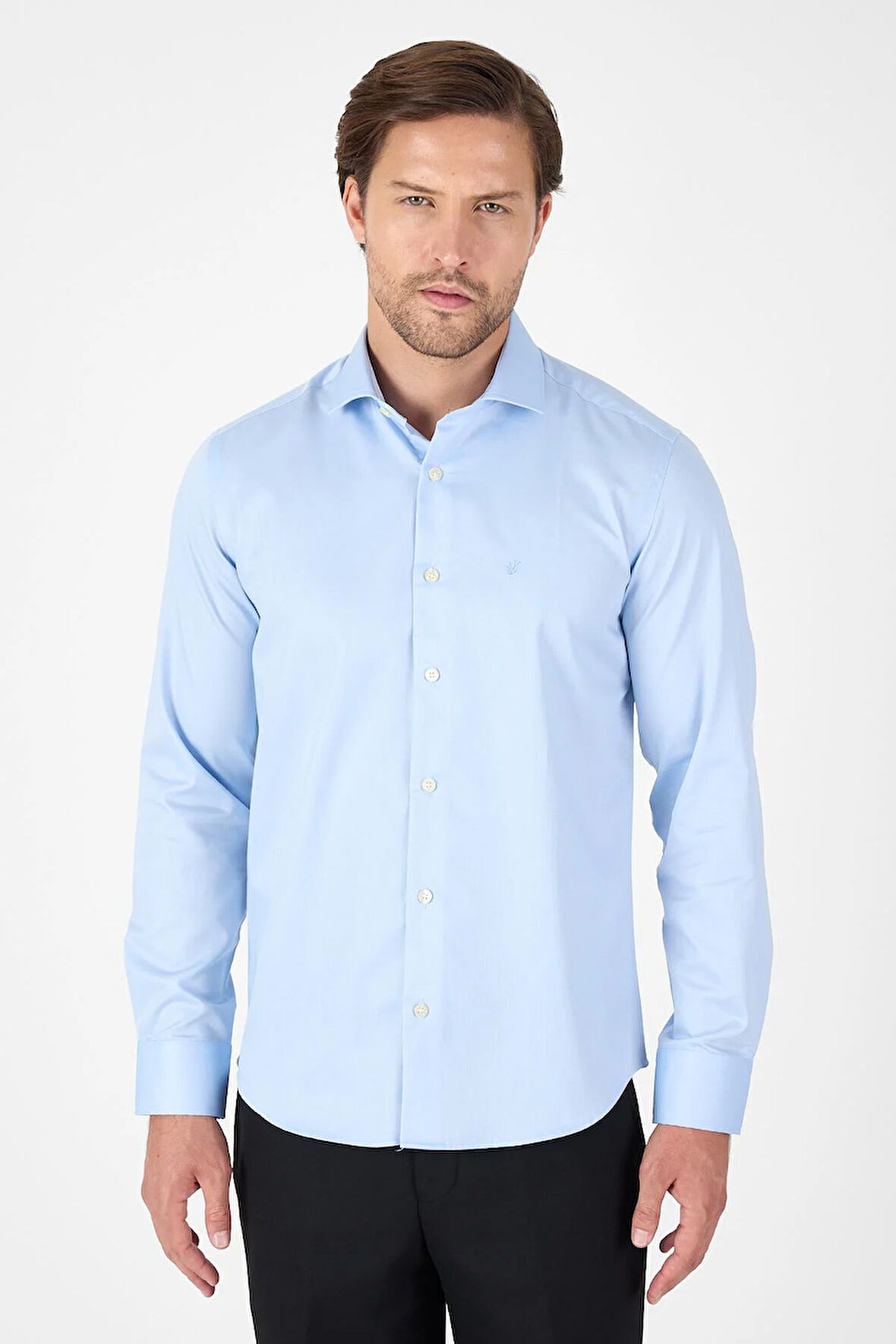 Koyu Mavi Uzun Kol Yarım İtalyan Yaka Cepsiz Non Iron Slim Fit Pamuklu Gömlek 1004250267