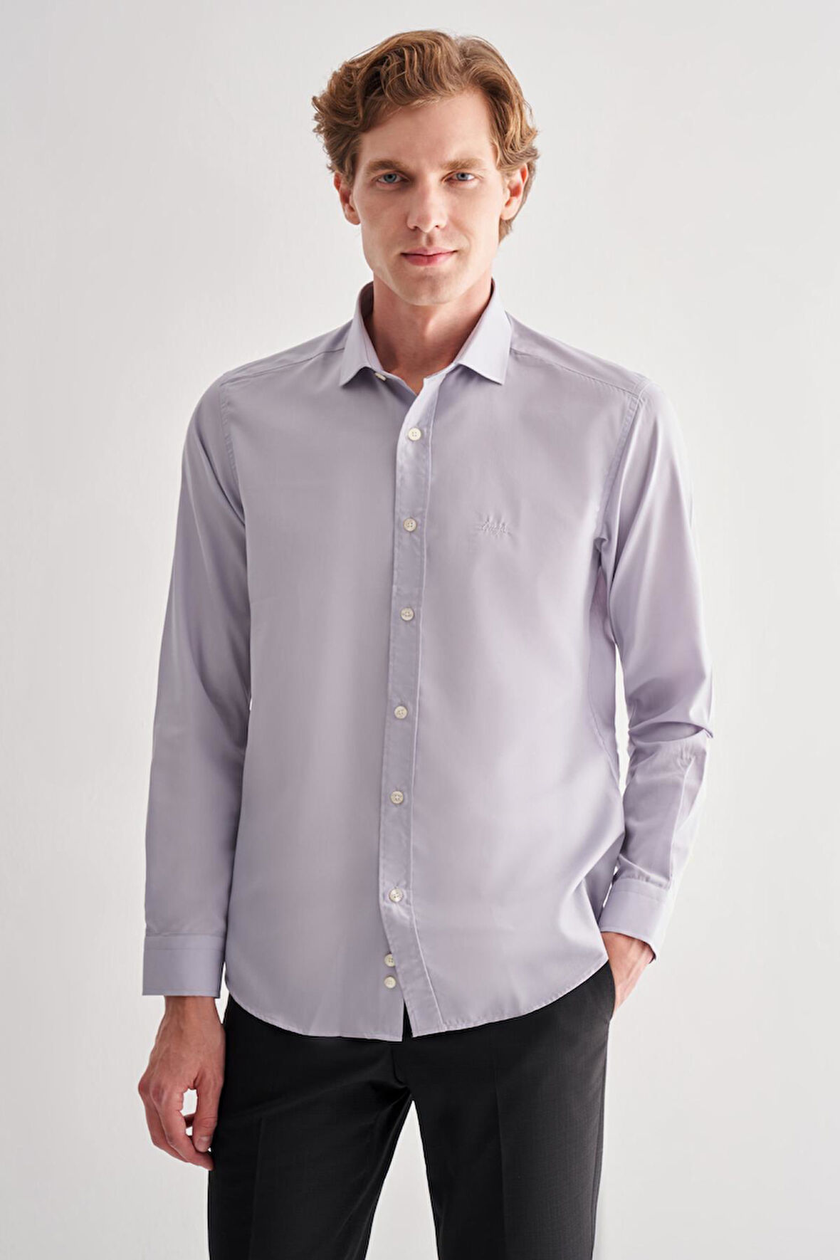 Gri Yarım İtalyan Yaka Uzun Kol Slim Fit Pamuklu Gömlek 1004255180