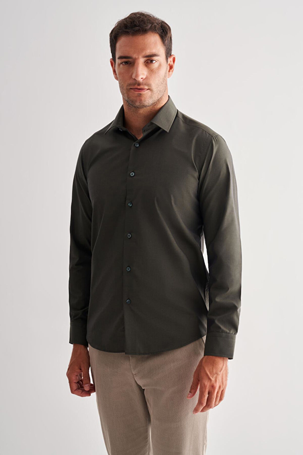 Haki Sert Yaka Filafil Desen Uzun Kol Slim Fit Pamuklu Gömlek 1004255181