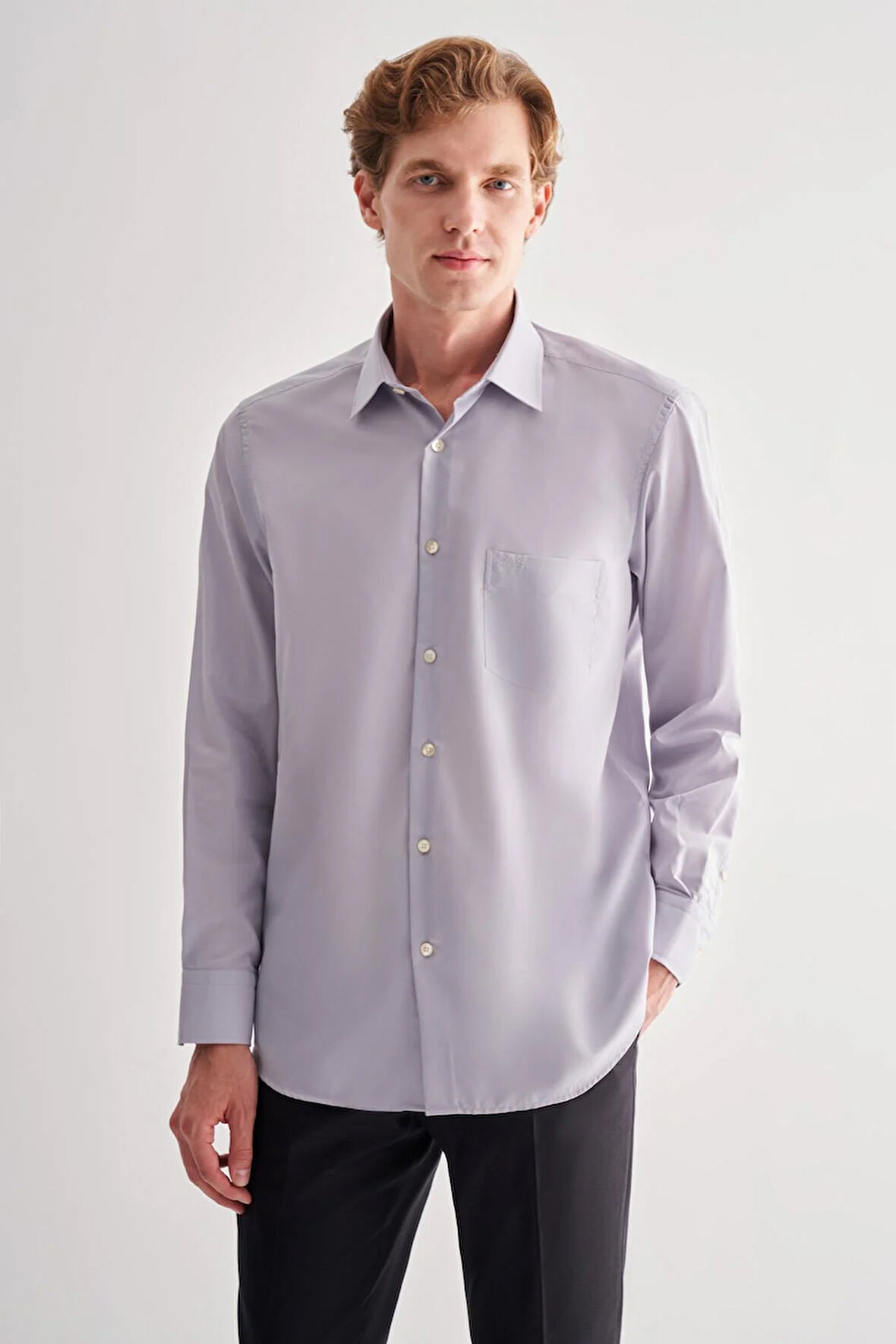 Gri Sert Yaka Uzun Kol Easy To Iron Comfort Fit Pamuklu Gömlek 1004255182