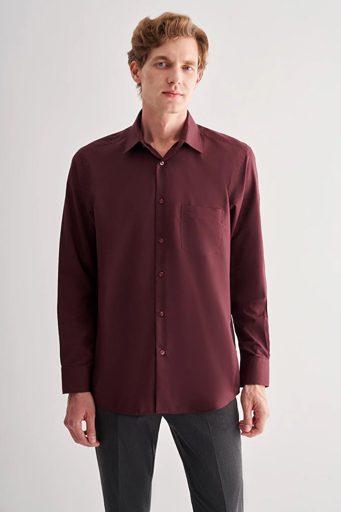 Bordo Sert Yaka Uzun Kol Easy To Iron Comfort Fit Pamuklu Gömlek 1004255182