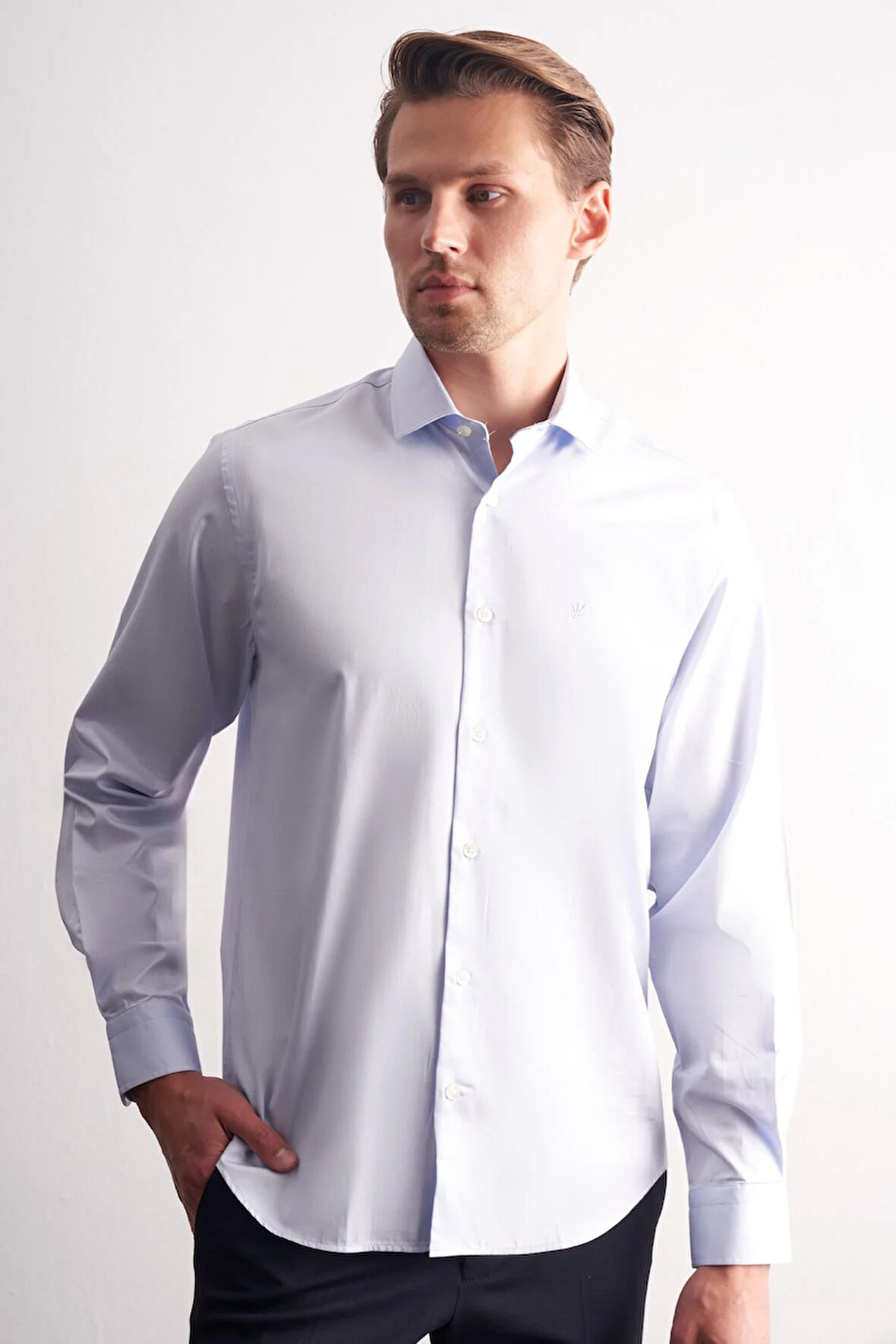 Açık Mavi Yarım İtalyan Yaka Saten Uzun Kol Premium Slim Fit %100 Pamuk Gömlek 1004255195