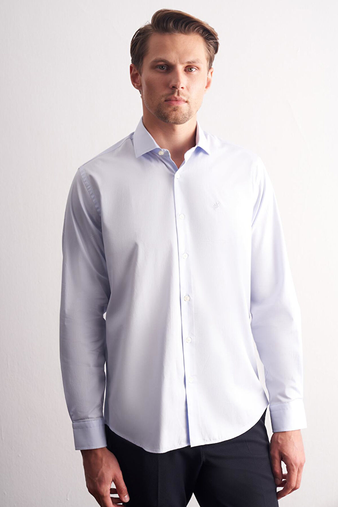 Mavi Yarım İtalyan Yaka Uzun Kol Premium Slim Fit %100 Pamuk Gömlek 1004255197