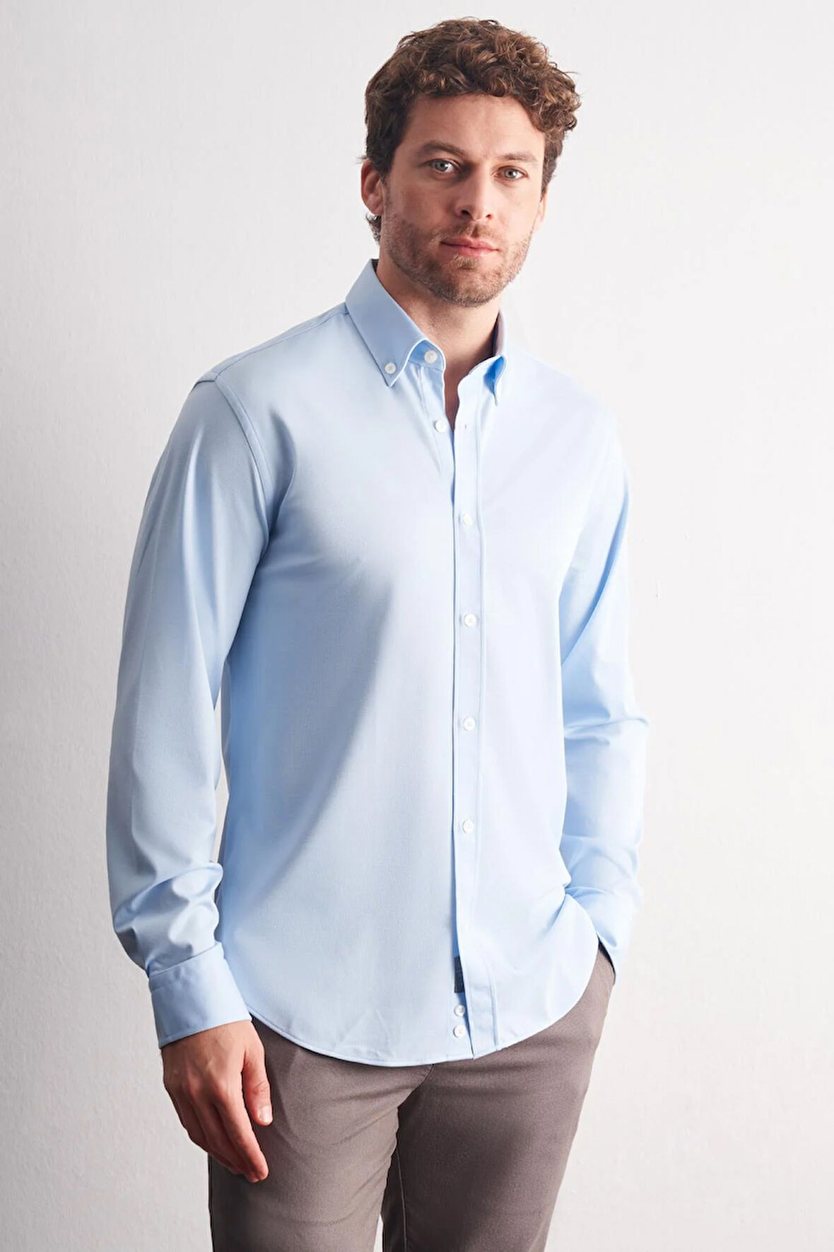 Mavi Düğmeli Yaka Örme Uzun Kol Performans Ürün Slim Fit Esnek Gömlek 1004255270