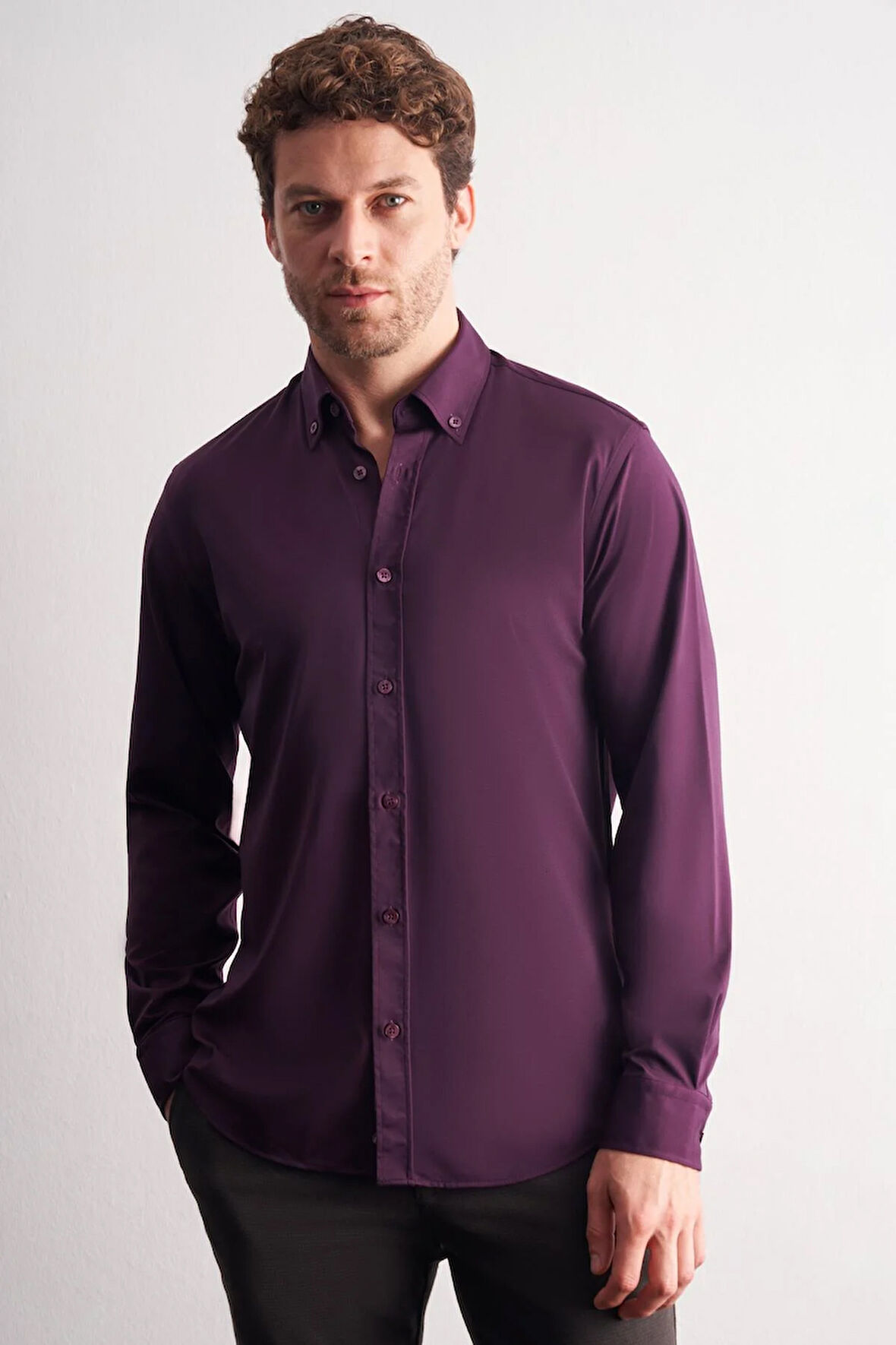 Mor Düğmeli Yaka Örme Uzun Kol Performans Ürün Slim Fit Esnek Gömlek 1004255270