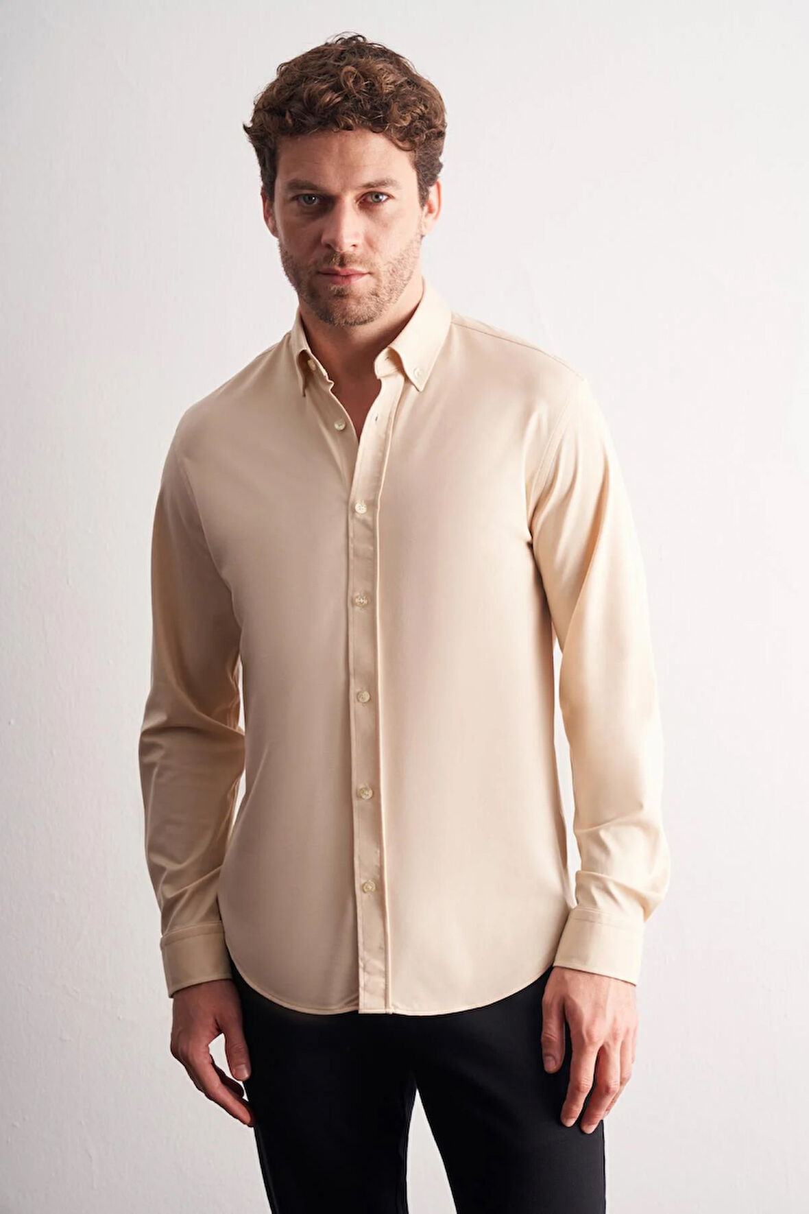 Bej Düğmeli Yaka Örme Uzun Kol Performans Ürün Slim Fit Esnek Gömlek 1004255270