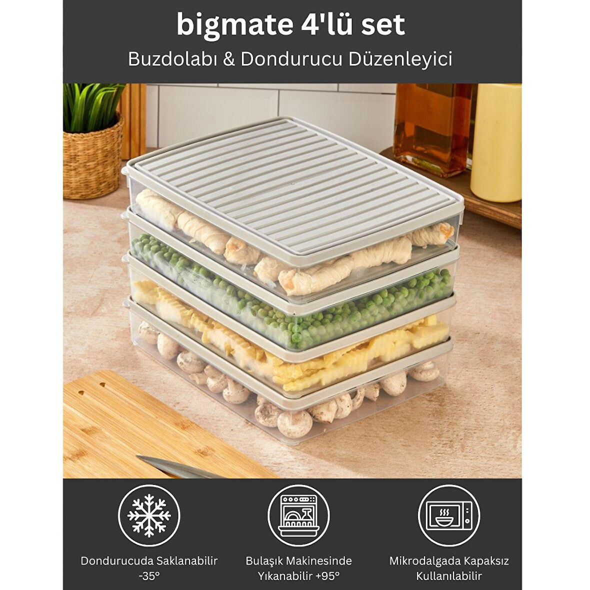 bigmate BGMT2525 4'lü Şeffaf Saklama Kabı 4x2,5 Lt Mikrodalga Buzdolabı ve Dondurucu Uyumlu Düzenleyici