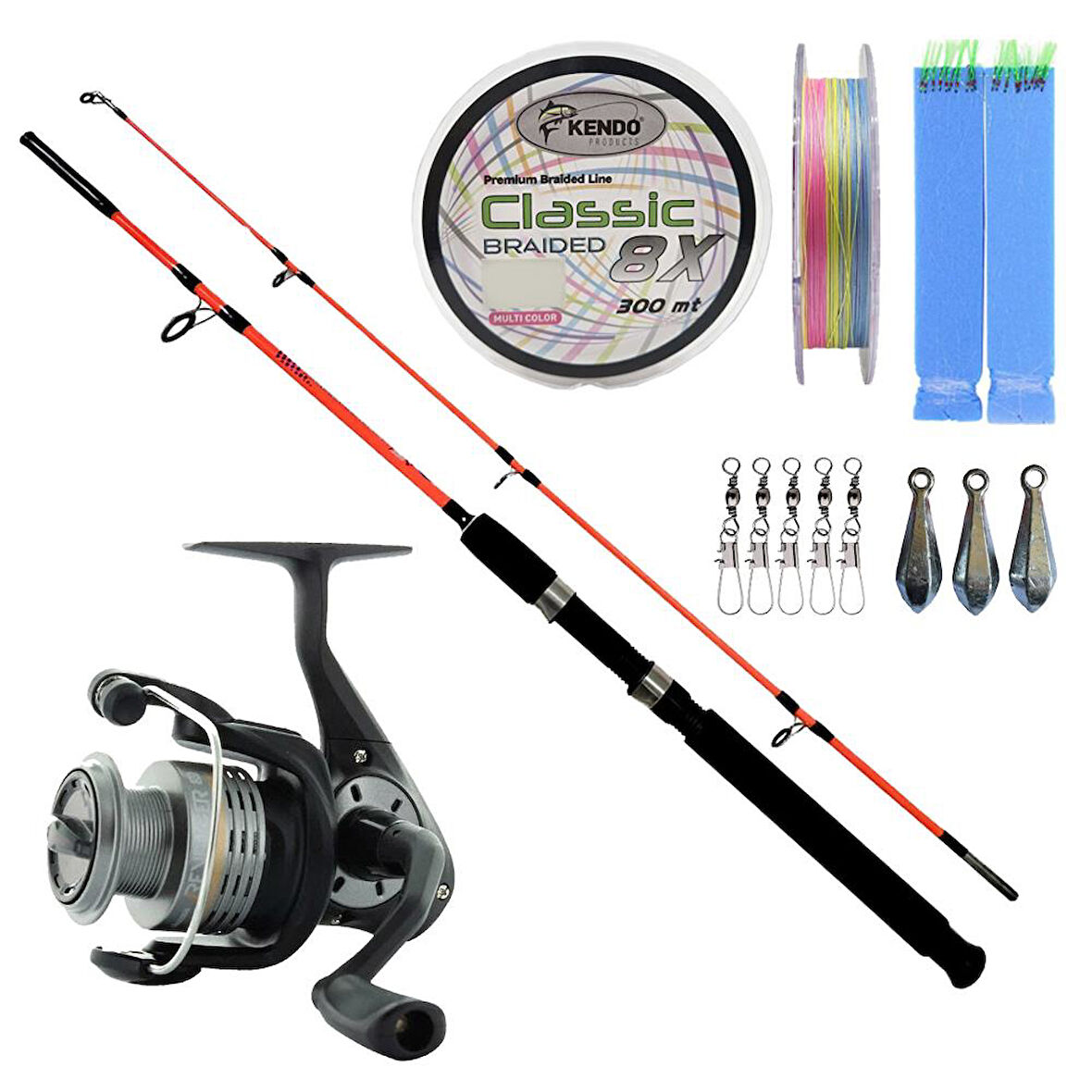 YekOutdoor Bot-Tekne Olta Seti Kendo Holiday Boat 1.50m 100-250gr 2 Parça Olta Kamışı&Okuma Revenger RV-40 FD Olta Makinesi