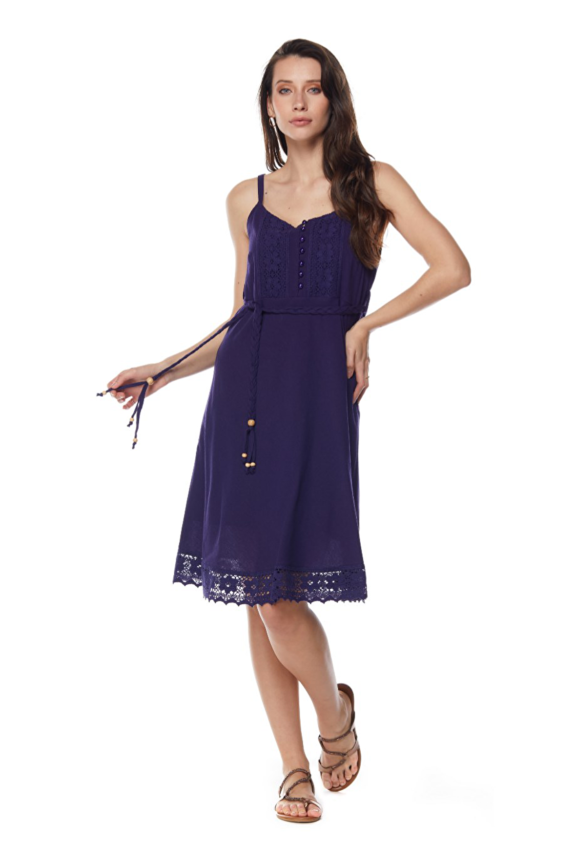 Şile Bezi Mor Askılı Kemerli Elbise