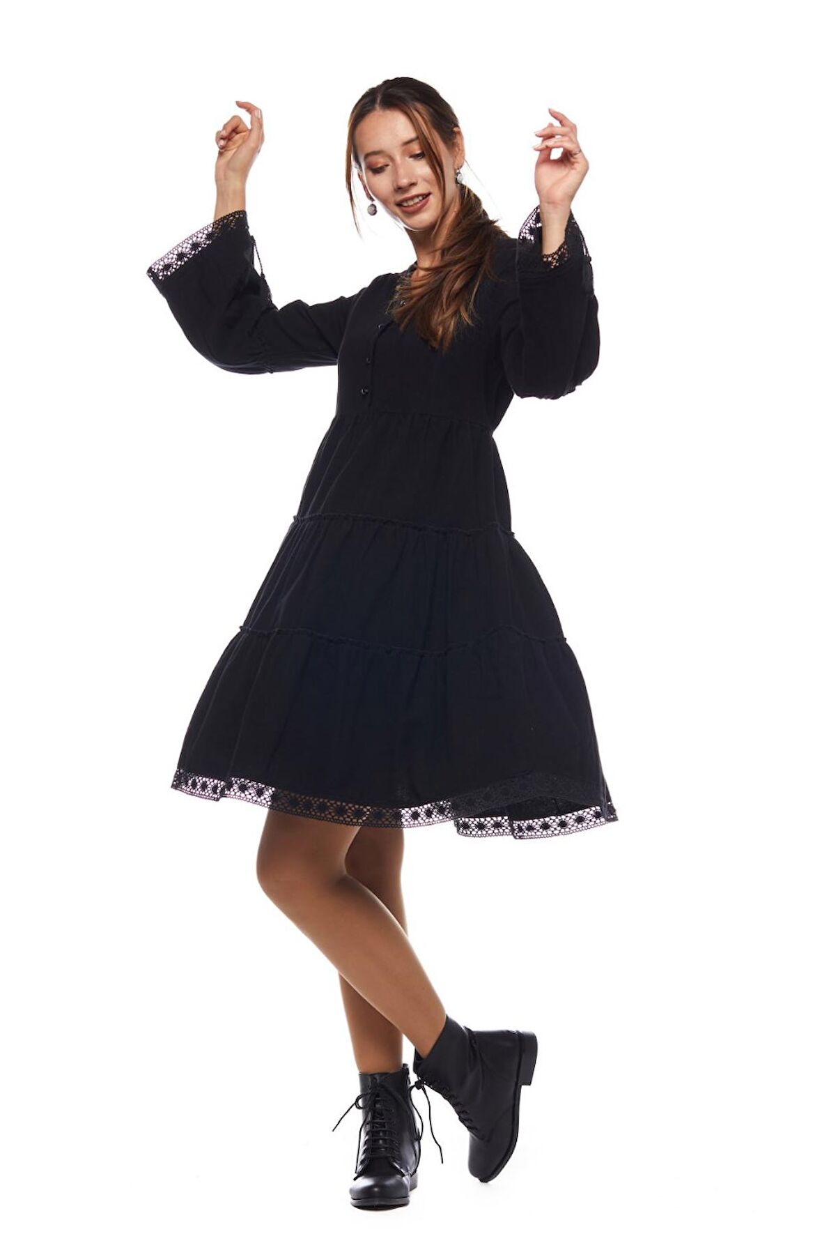 Pazen Siyah Düz Desen Kısa Elbise