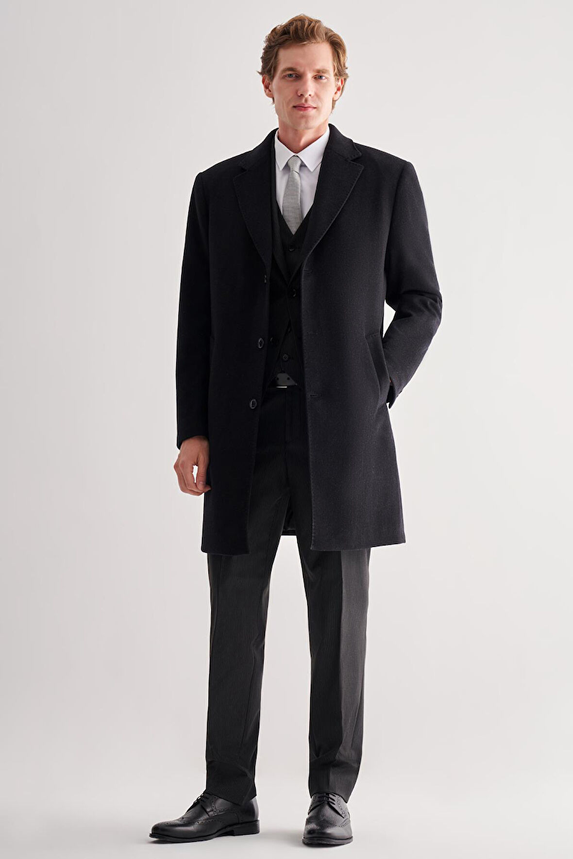 Siyah Mono Yaka Palto Tam Astar Classic Comfort Fit Yünlü Kaşe Palto 1005255151