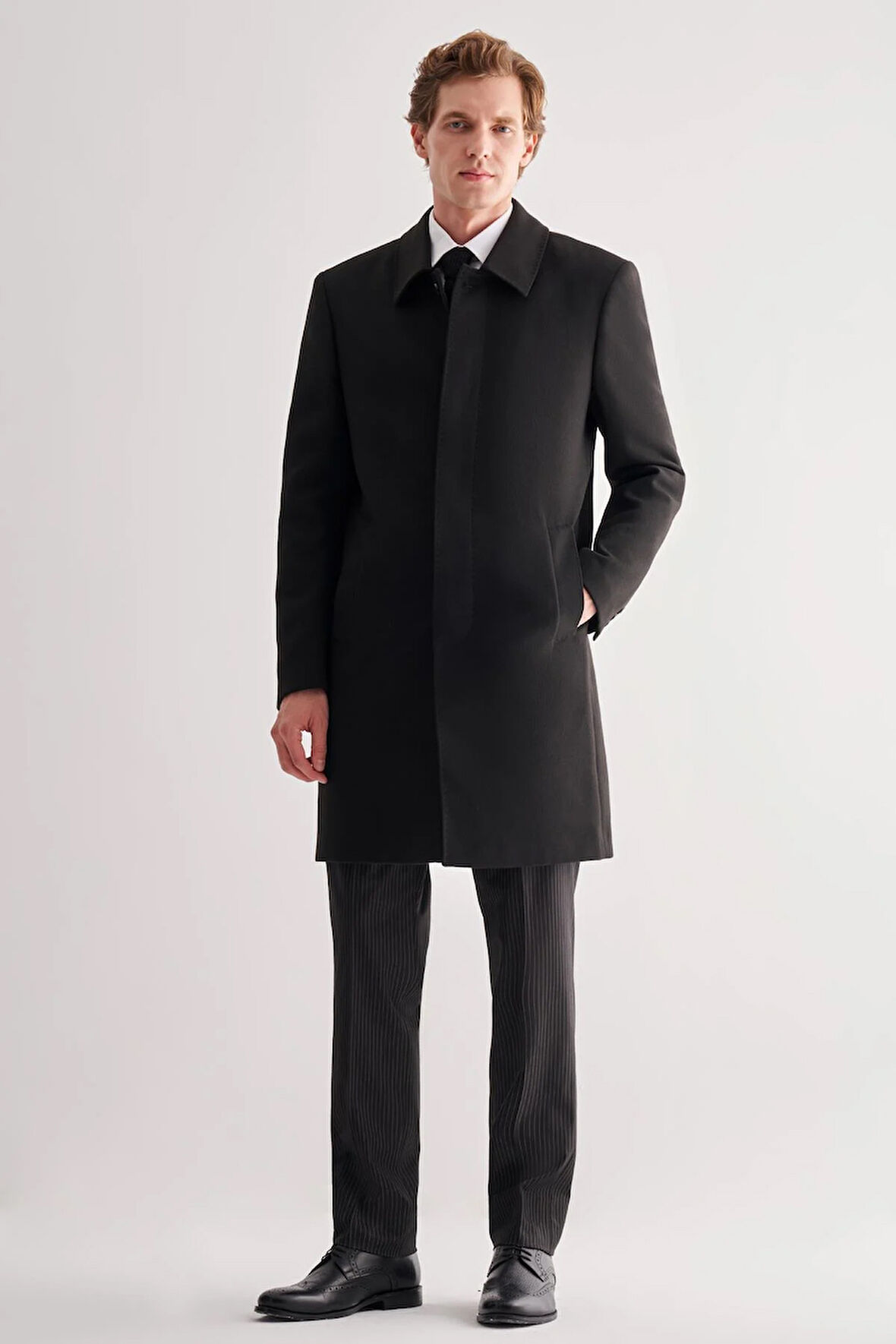 Siyah Berberi Yaka Tam Astar Classic Comfort Fit Esnek Kaşe Palto 1005255152