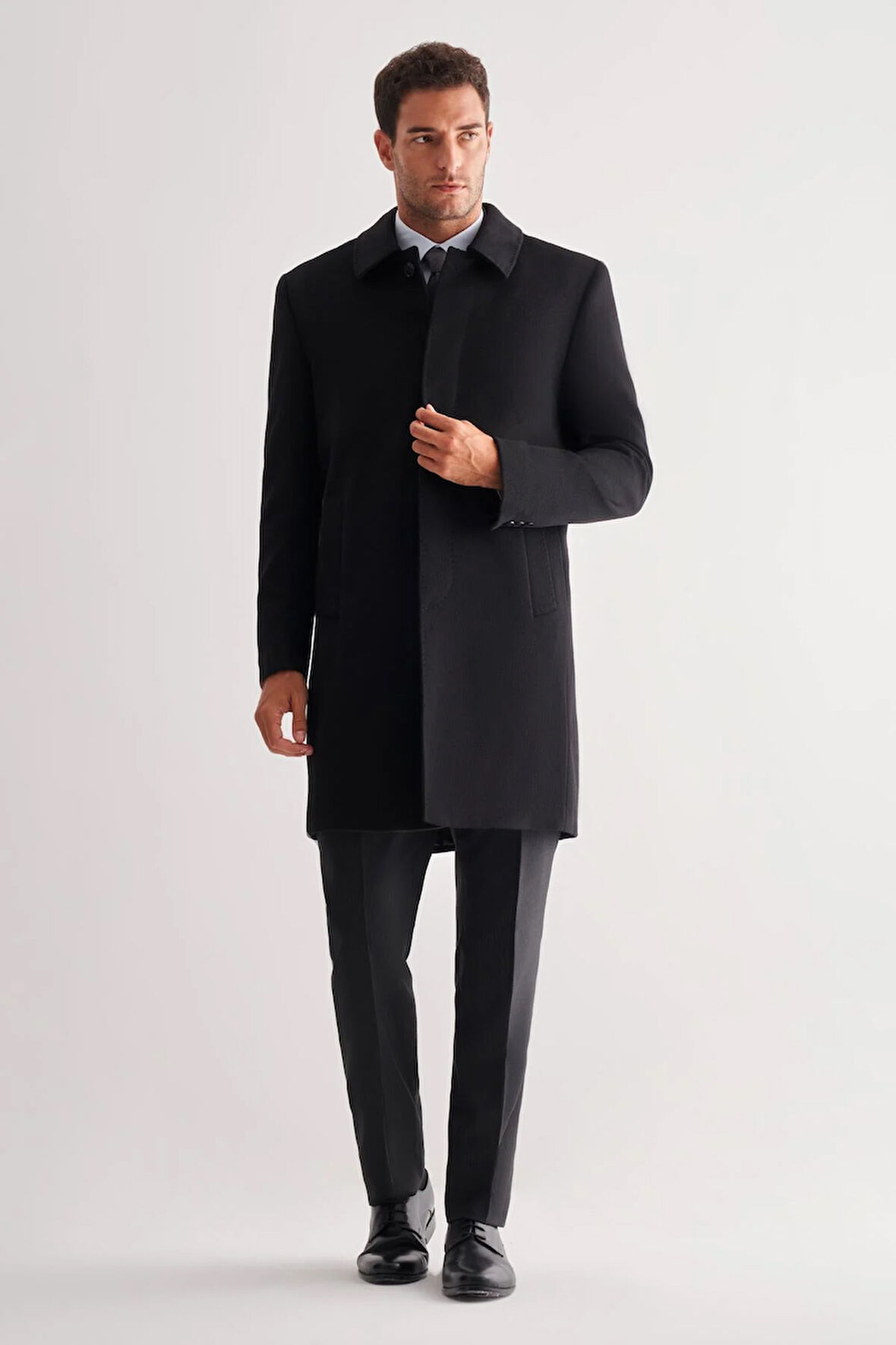 Siyah 110 Cm Kaşe Düz Sırt Kapitoneli Astar Comfort Fit Classic Palto 1005245154