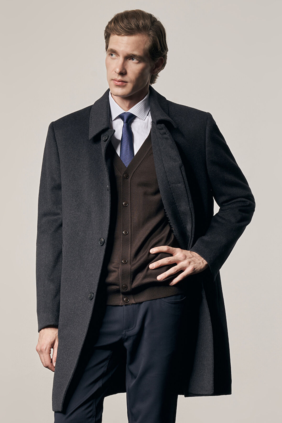 Koyu Antrasit 110 Cm Kaşe Düz Sırt Kapitoneli Astar Comfort Fit Classic Palto 1005245154