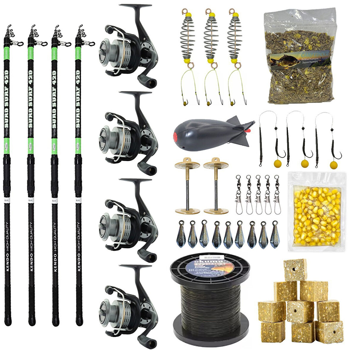YekOutdoor Full Çeşit 4'lü Okuma Göl Seti Kendo Suro Surf 420cm 100-200gr Olta Kamışı&Okuma Revenger RV-55 FD Olta Makinesi