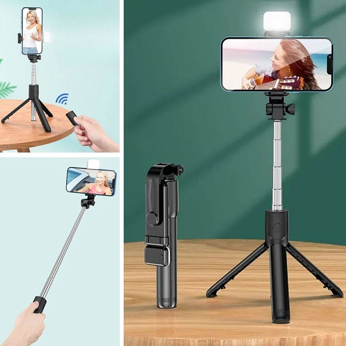 Kendiliğinden Işıklı Masaüstü Tripod Olabilen Telefon Tutuculu Kablosuz Kumandalı Selfie Çubuğu 