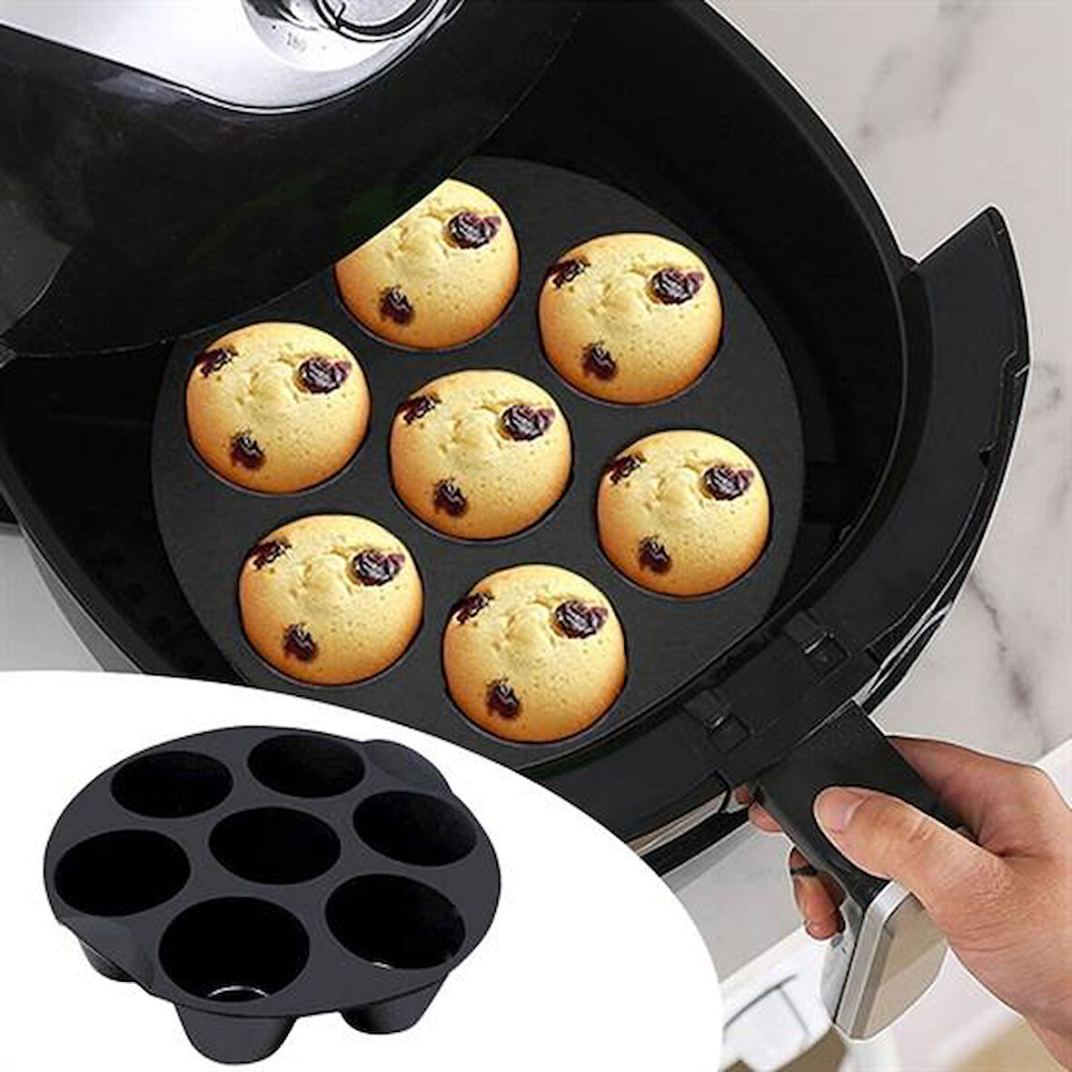 7 Gözlü Silikon Çok Amaçlı Airfryer Muffin Cupcake Kek ve Çörek Pişirme Kalıbı 