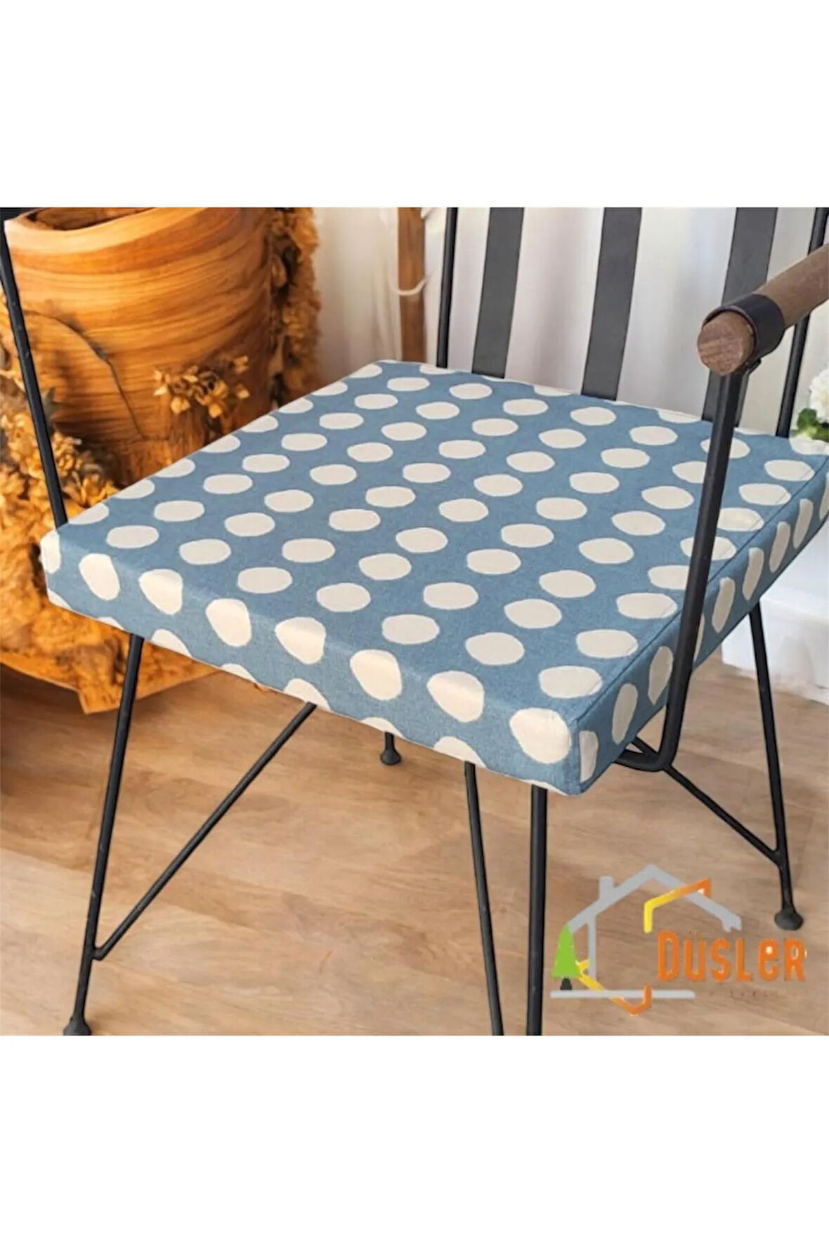 40x40 Krem Puantiyeli Mavi Su ve Leke İtici Fermuarlı Bağcıklı Sandalye Minderi 5 cm
