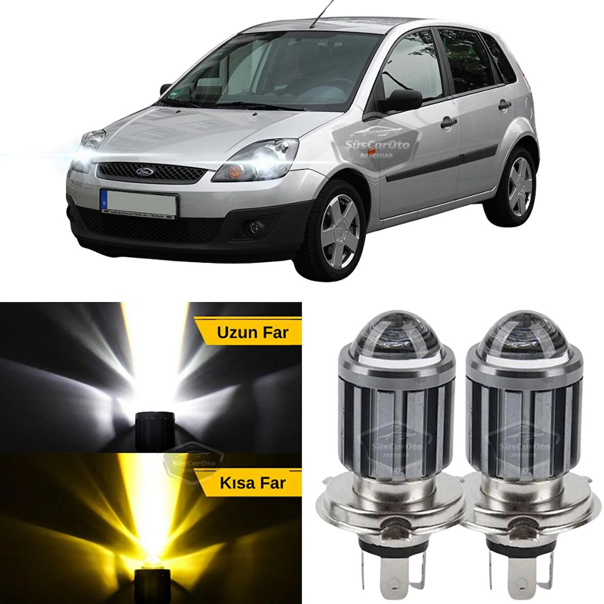 Ford Fiesta 2002-2008 Uyumlu Mercekli Far Ampulü Led Xenon Çift Renk Sarı-Beyaz Far Şimşek Etkili CSP Led Lamba Uzun Kısa 2 Adet Takım