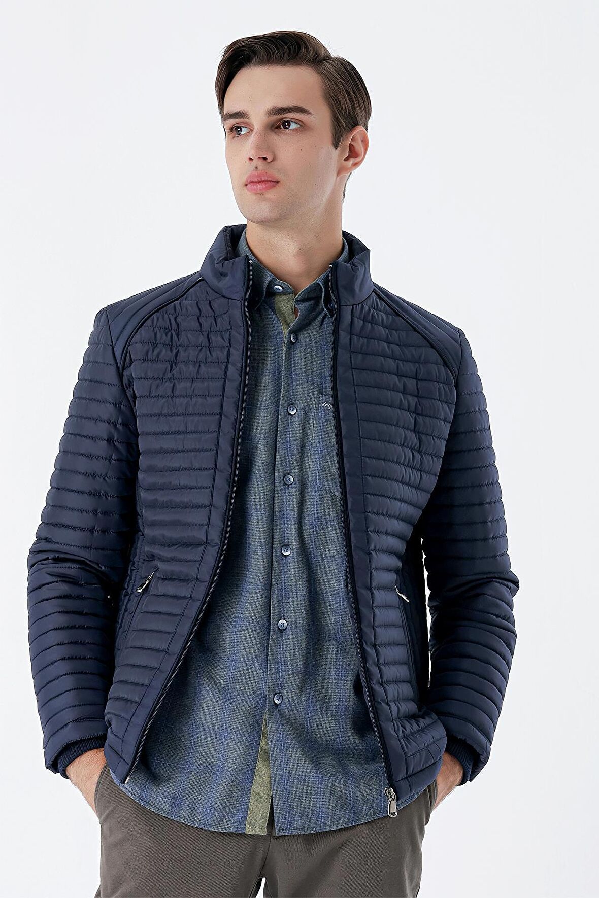 Koyu Lacivert Kapitone Dolumlu Dik Yaka Astarlı Slim Fit Dar Kesim Casual Mont 1007235264