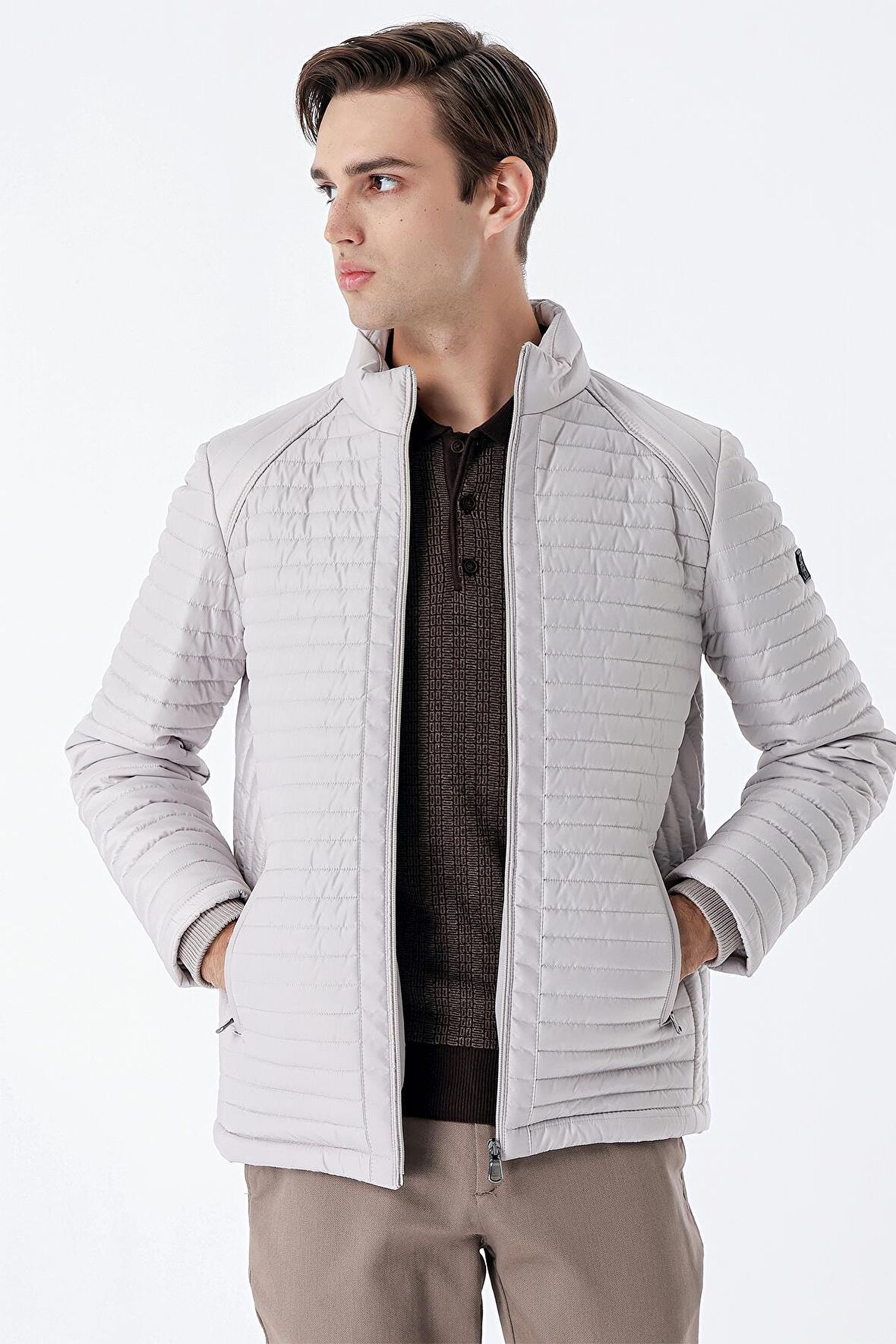 Taş Rengi Kapitone Dolumlu Dik Yaka Astarlı Slim Fit Dar Kesim Casual Mont 1007235264