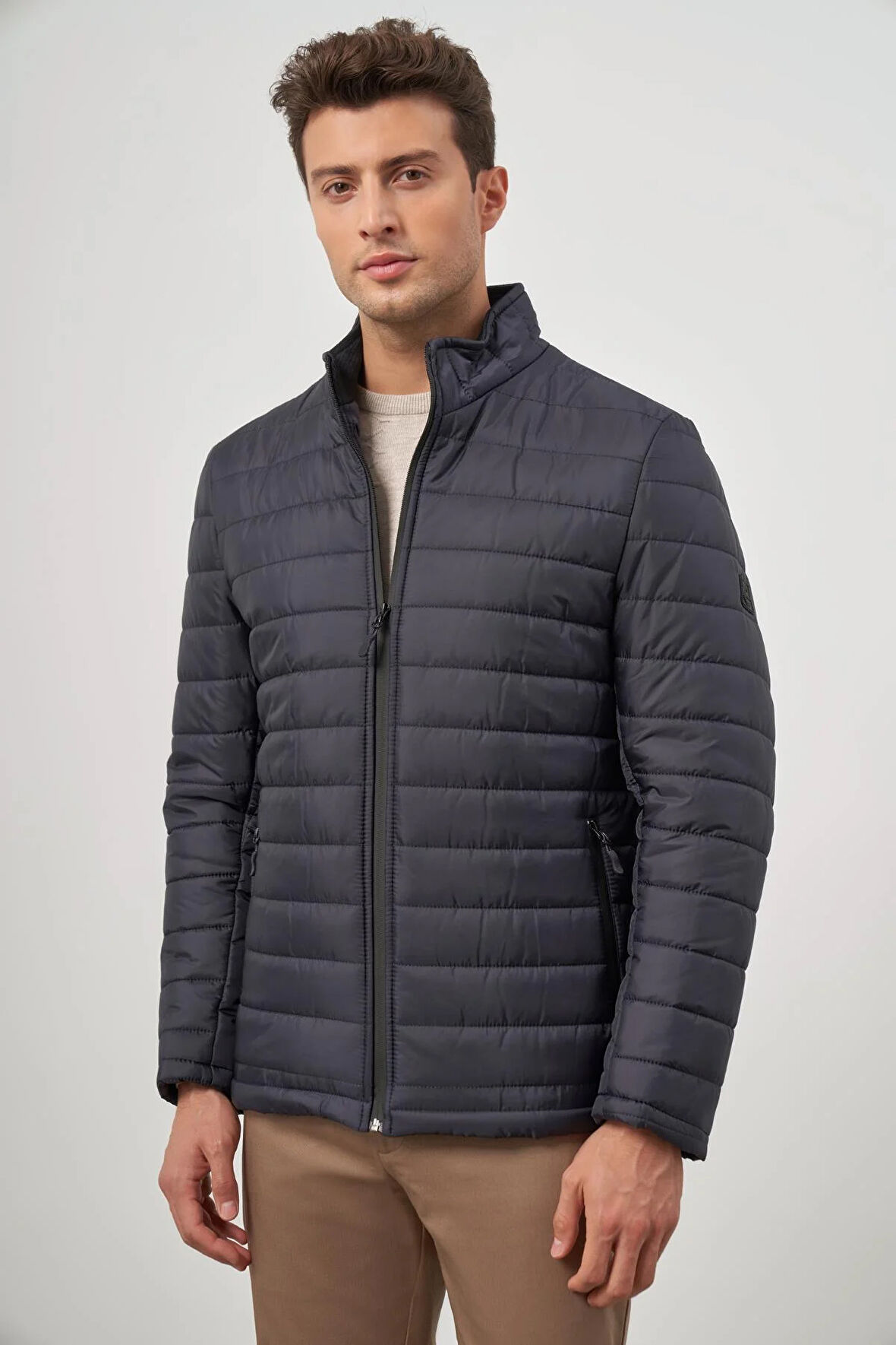 Koyu Lacivert Kapitone Hakim Yaka Düz Yırtmaçsız Tam Astar Slim Fit Classic Mont 1007245155