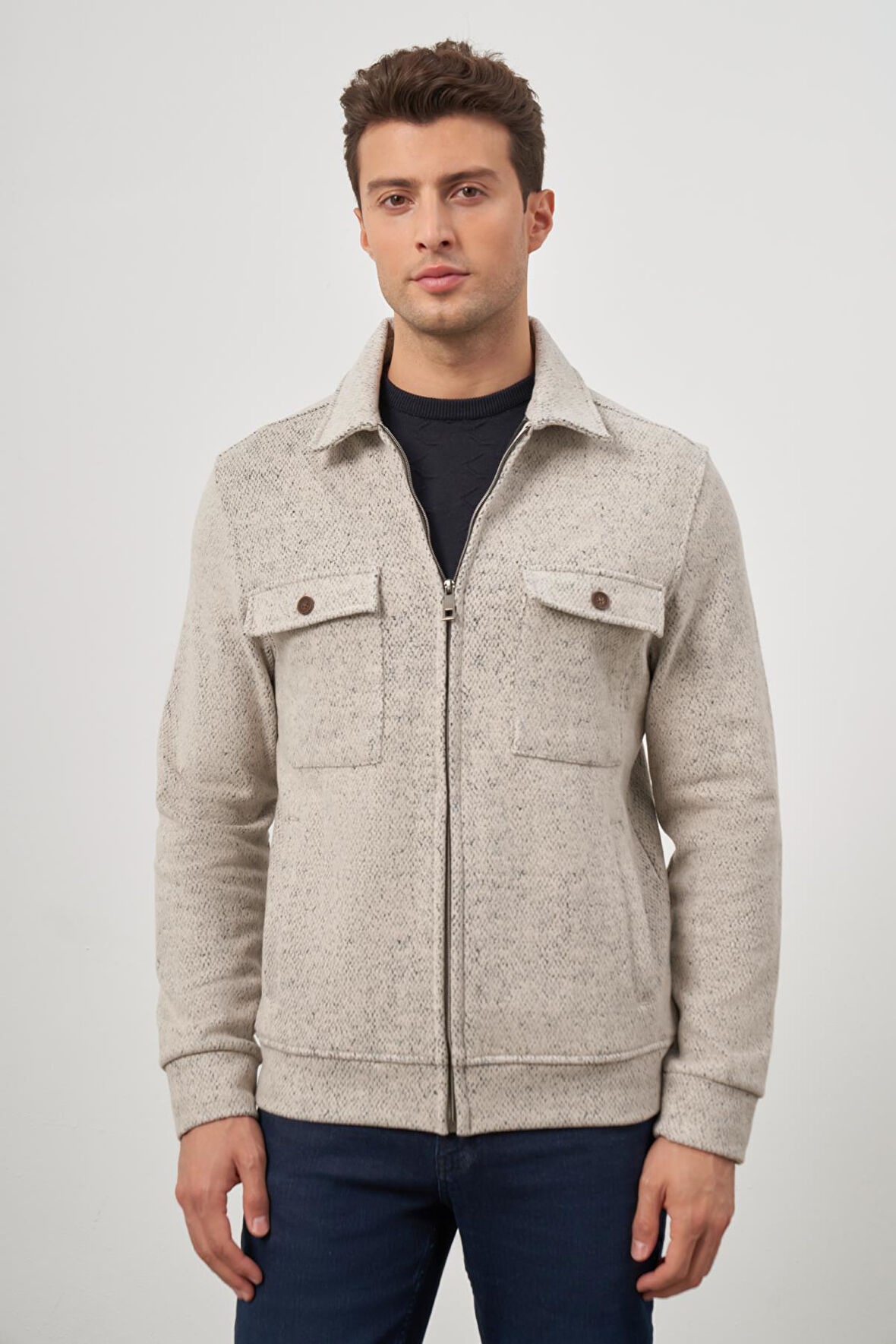 Bej Örme Bebe Yaka Kendinden Desenli Yırtmaçsız Astarsız Slim Fit Classic Mont 1007245156