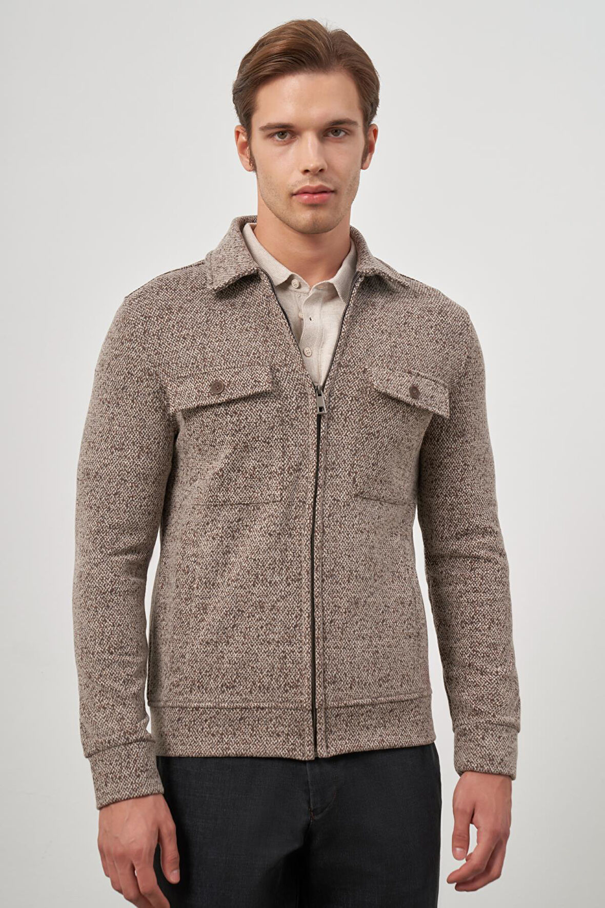 Taba Örme Bebe Yaka Kendinden Desenli Yırtmaçsız Astarsız Slim Fit Classic Mont 1007245156