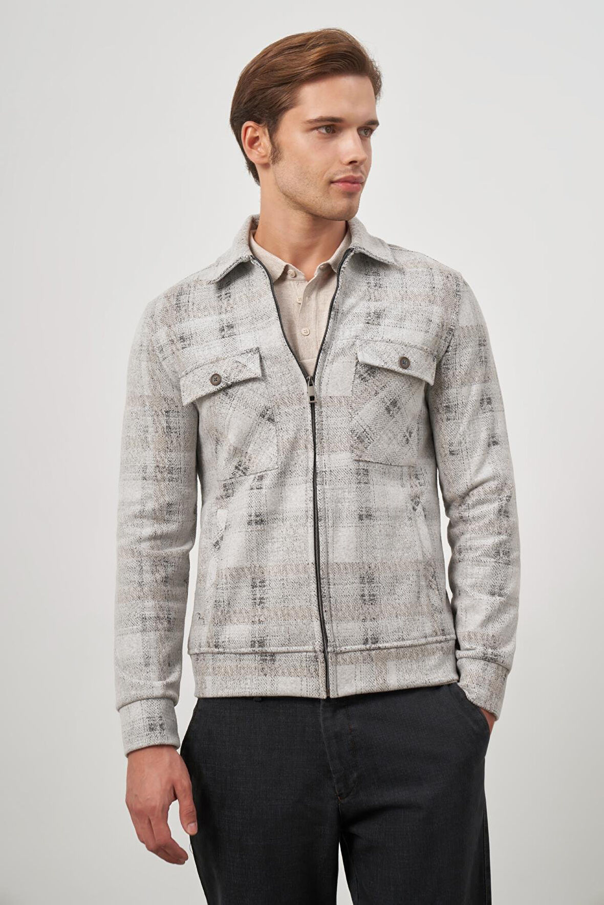 Taş Rengi Örme Bebe Yaka Kendinden Desenli Yırtmaçsız Astarsız Slim Fit Classic Mont 1007245157