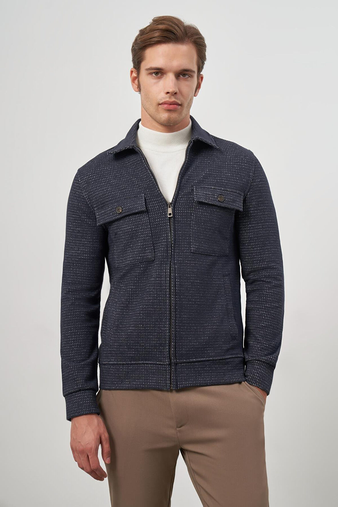 Koyu Lacivert Örme Bebe Yaka Kendinden Desenli Yırtmaçsız Astarsız Slim Fit Classic Mont 1007245158