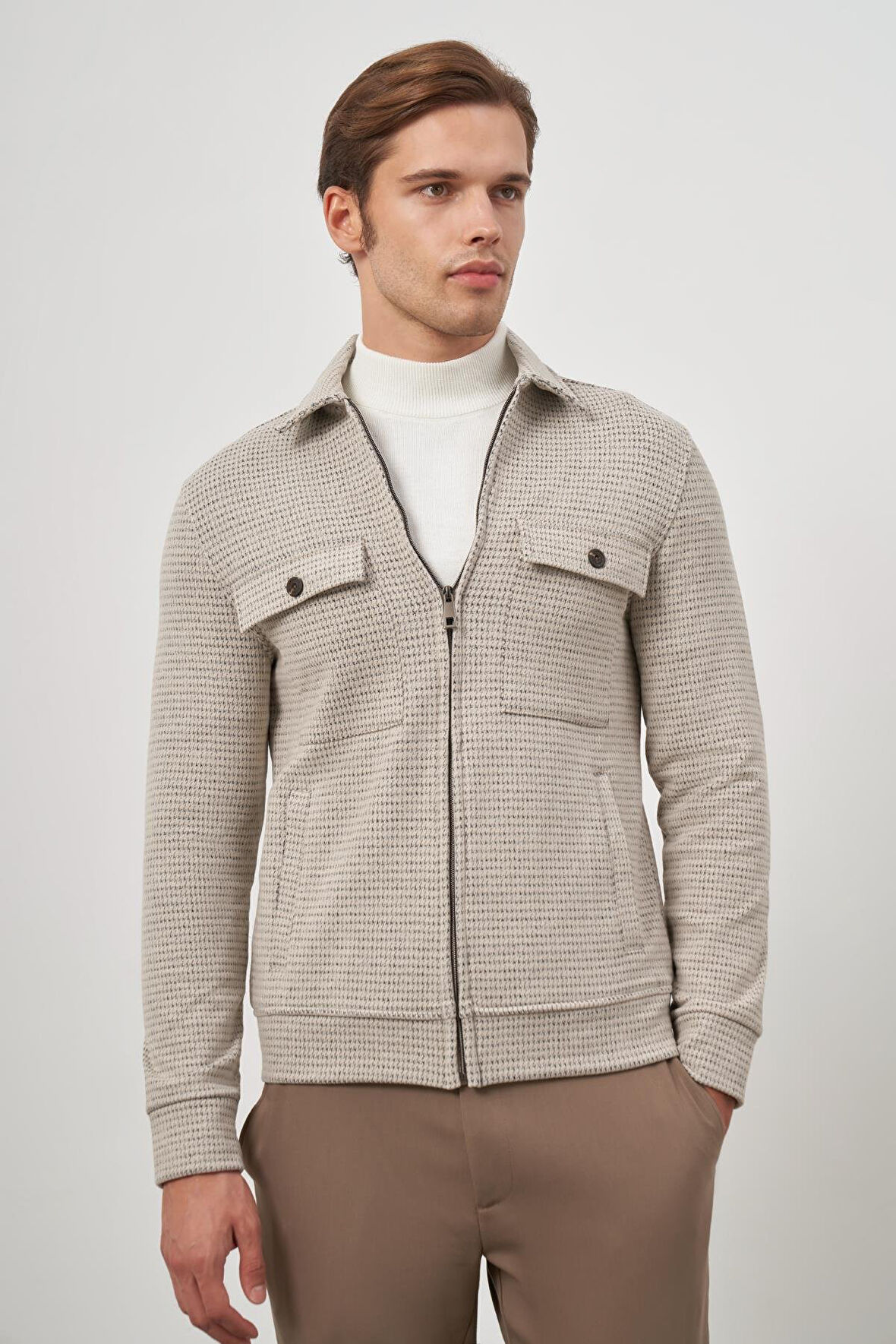 Bej Örme Bebe Yaka Kendinden Desenli Yırtmaçsız Astarsız Slim Fit Classic Mont 1007245158