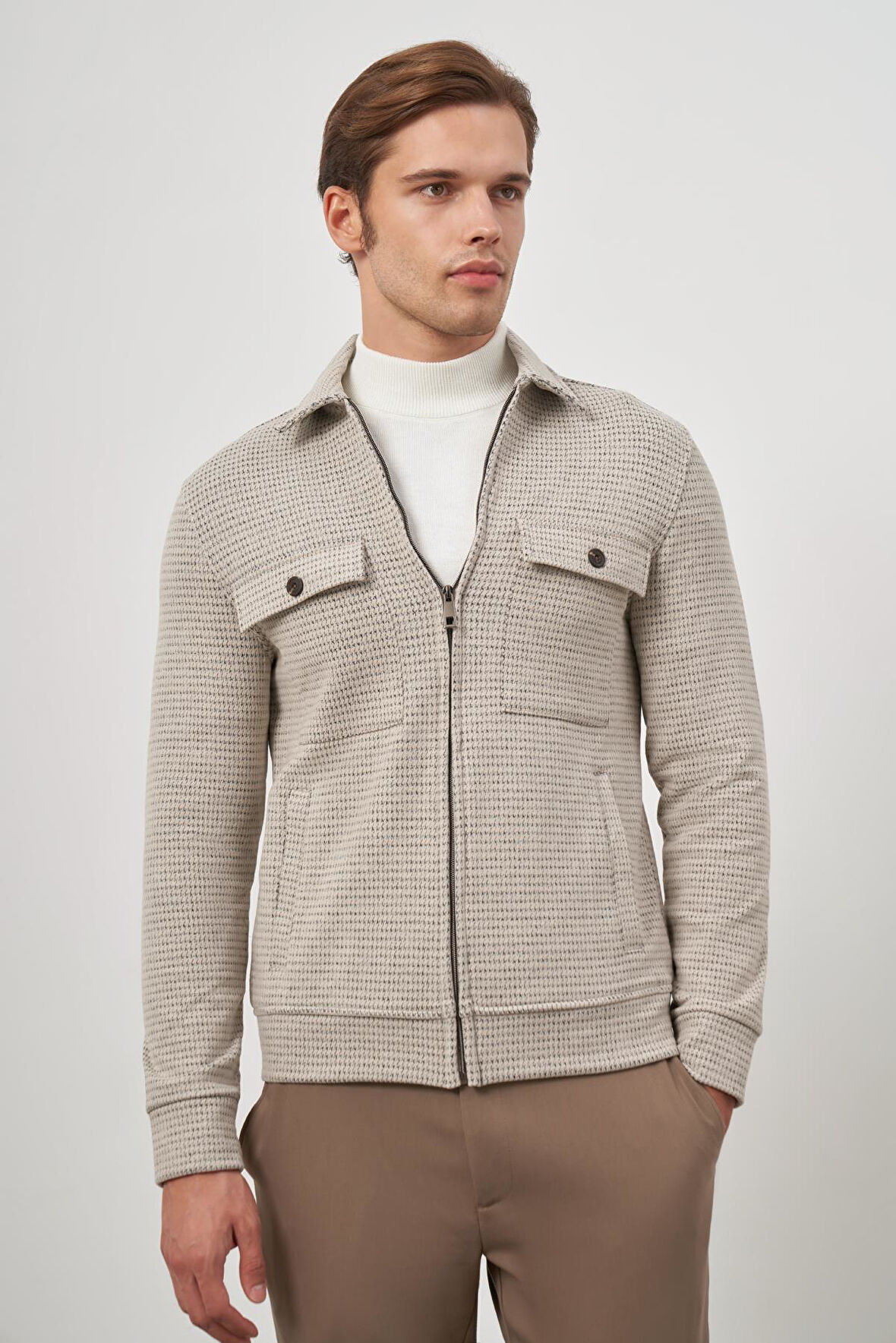 Bej Örme Bebe Yaka Kendinden Desenli Yırtmaçsız Astarsız Slim Fit Classic Mont 1007245158