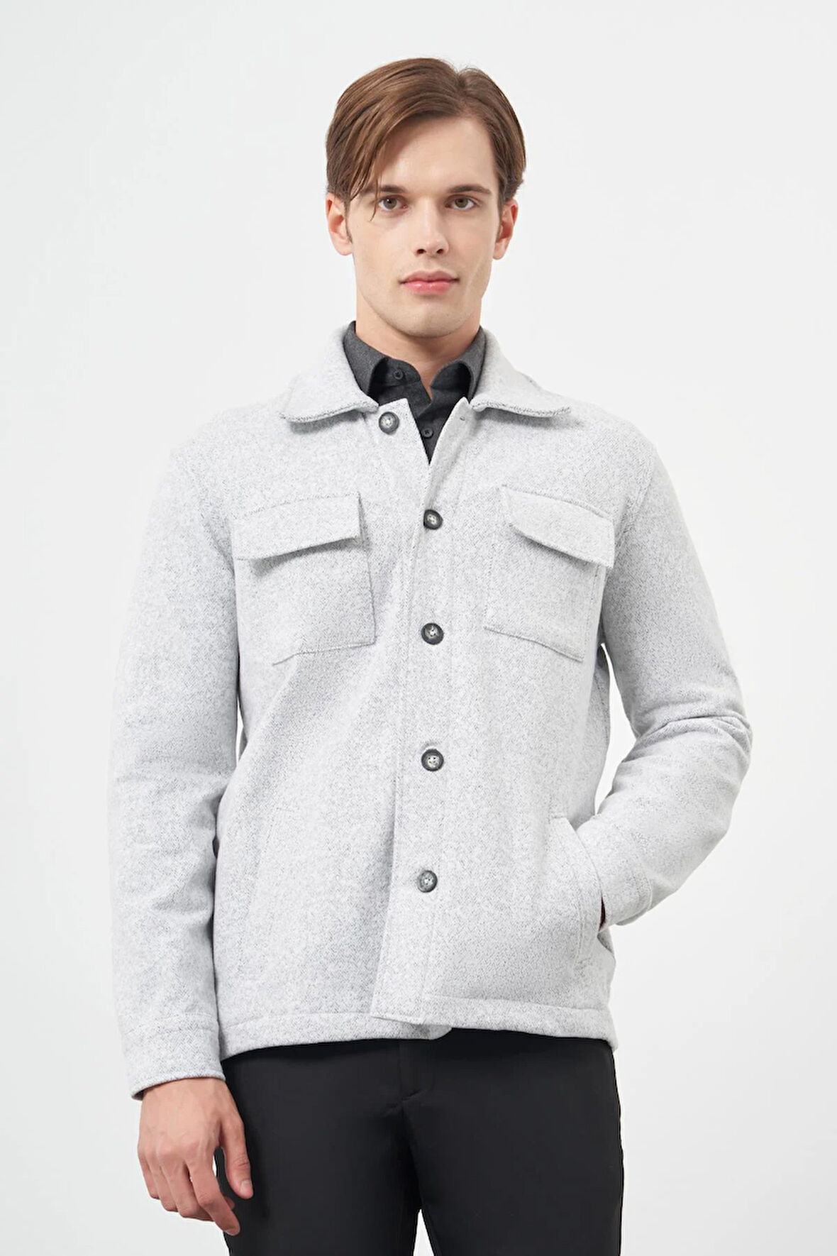 Gri Örme Polo Yaka Jakarlı Desen Yırtmaçsız Astarsız Slim Fit Classic Mont 1007245161