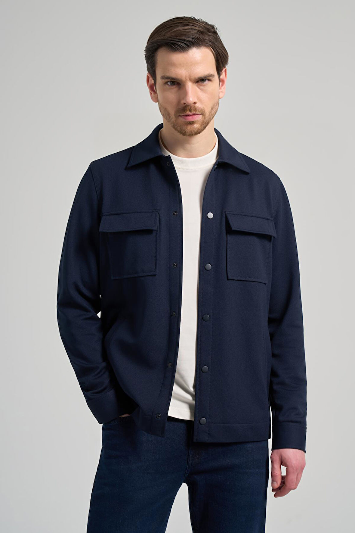 Koyu Lacivert Armürlü Bebe Yaka Kendinden Desenli Pamuklu Yırtmaçsız Tam Astar Garnisiz-Biyesiz Standart Fit Mont 1007245163