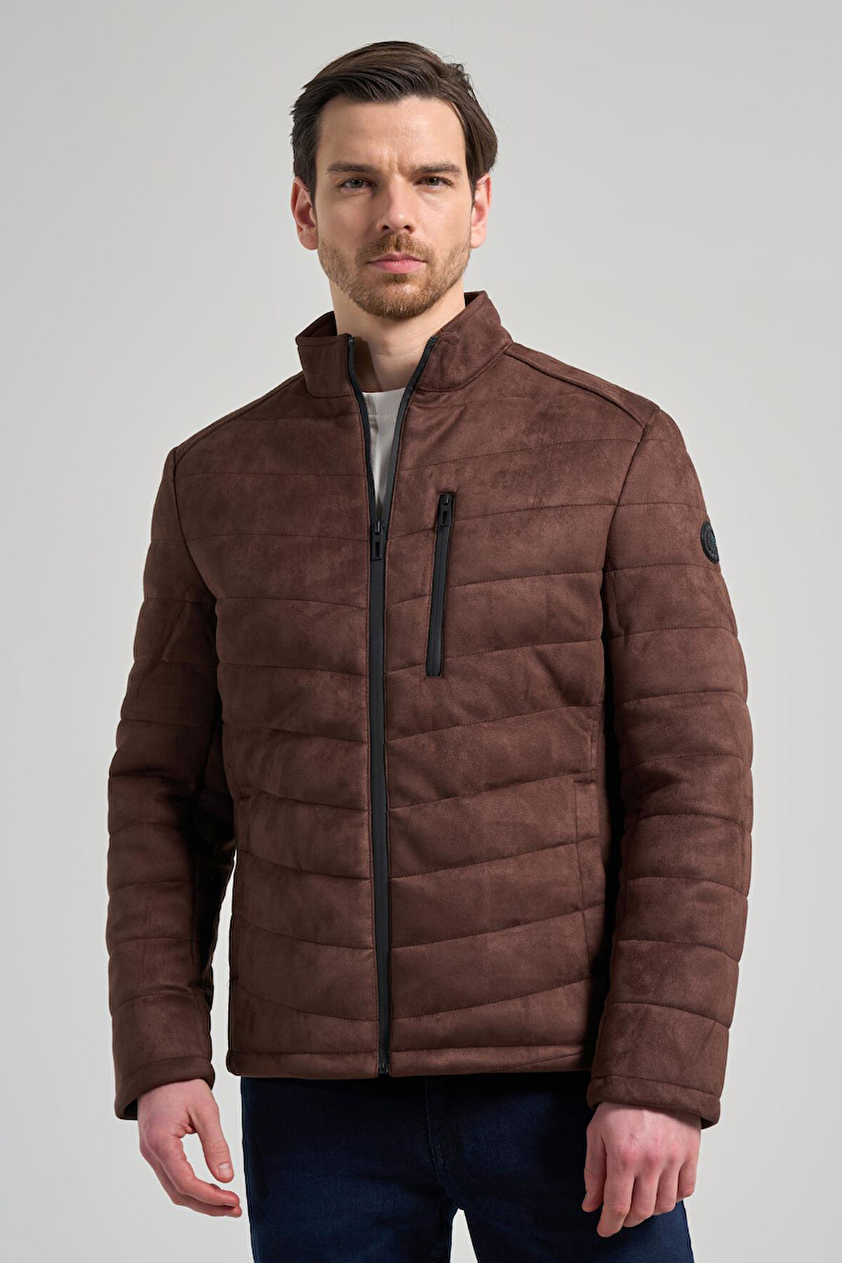 Koyu Kahverengi Dik Yaka Yan Cep Dolum Şişme Standart Fit Esnek Casual Deri Mont 1038245167