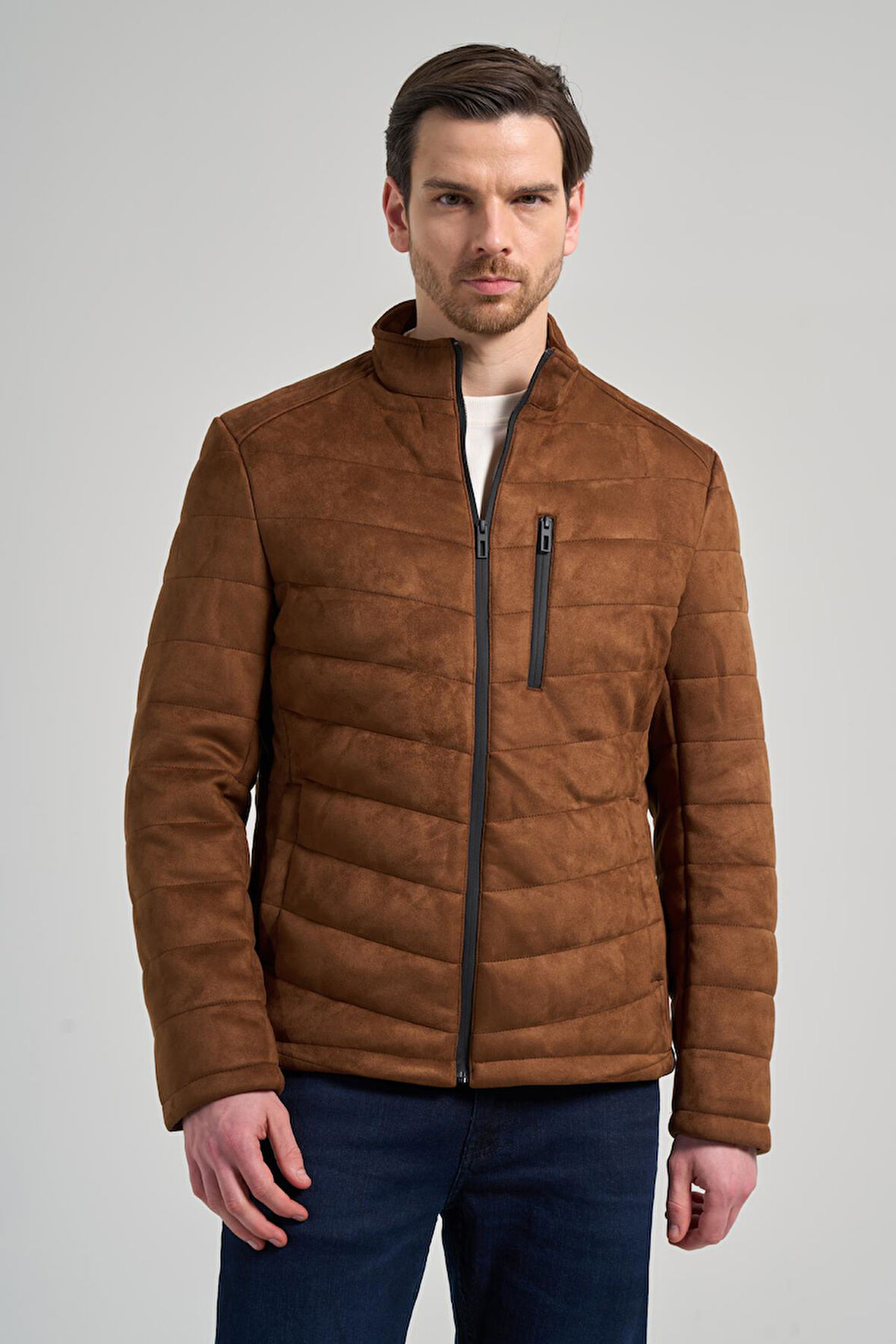 Kahverengi Dik Yaka Yan Cep Dolum Şişme Standart Fit Esnek Casual Deri Mont 1038245167