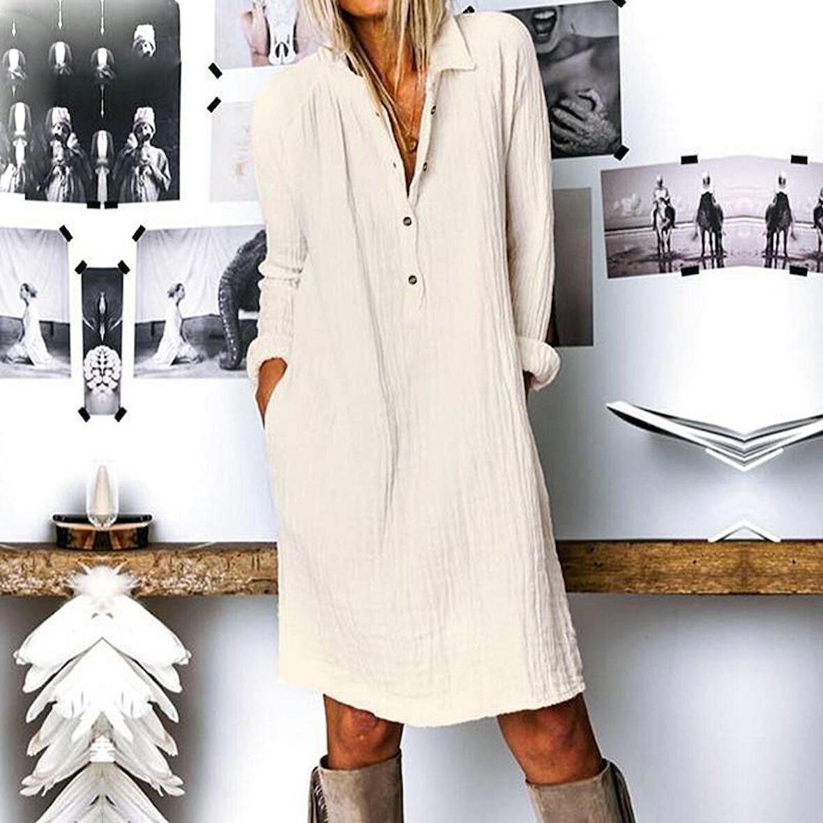 Barbora Günlük Rahat Baharlık Salaş Gömlek Yaka Elbise bt405krem25