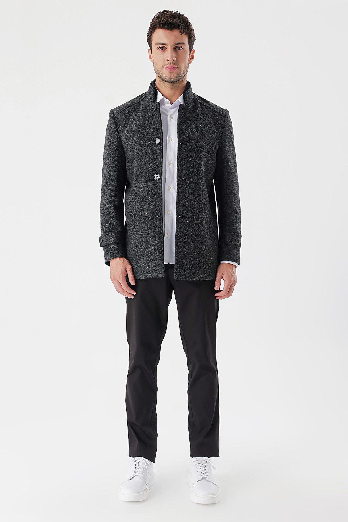 Kaşe Hakim Yaka Desenli Yırtmaçlı Astarlı Slim Fit Dar Kesim Klasik Kaban 1008235153 Siyah
