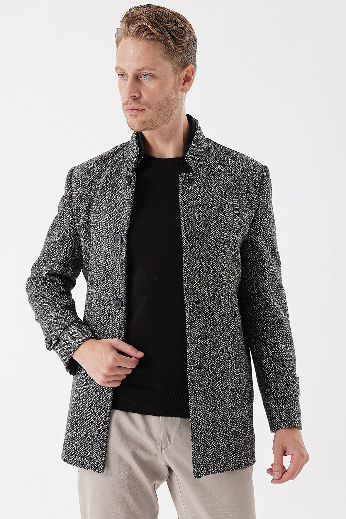 Kaşe Hakim Yaka Desenli Yırtmaçlı Astarlı Slim Fit Dar Kesim Klasik Kaban 1008235153 Koyu Antrasit