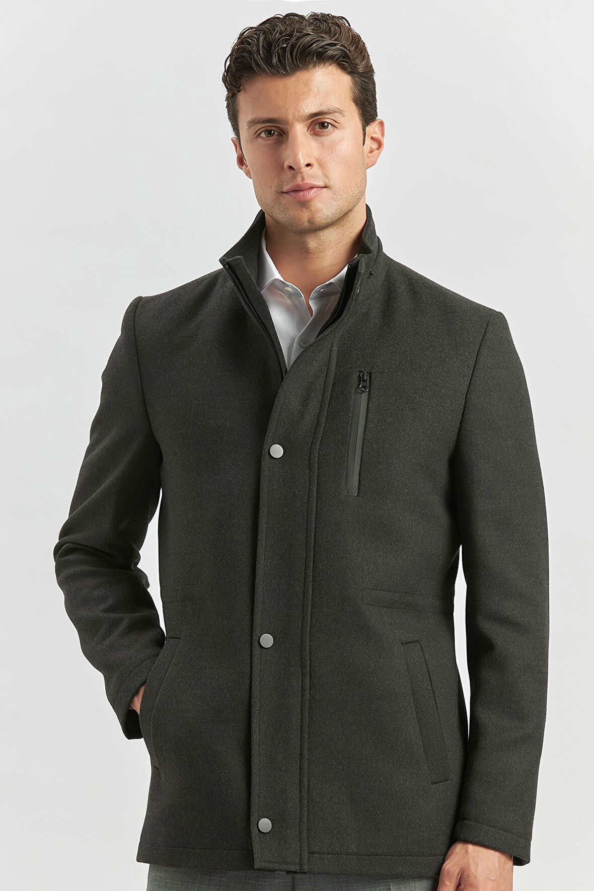 Kaşe Dik Yaka Kapitoneli Astar Slim Fit Dar Kesim Klasik Kaban 1008245150