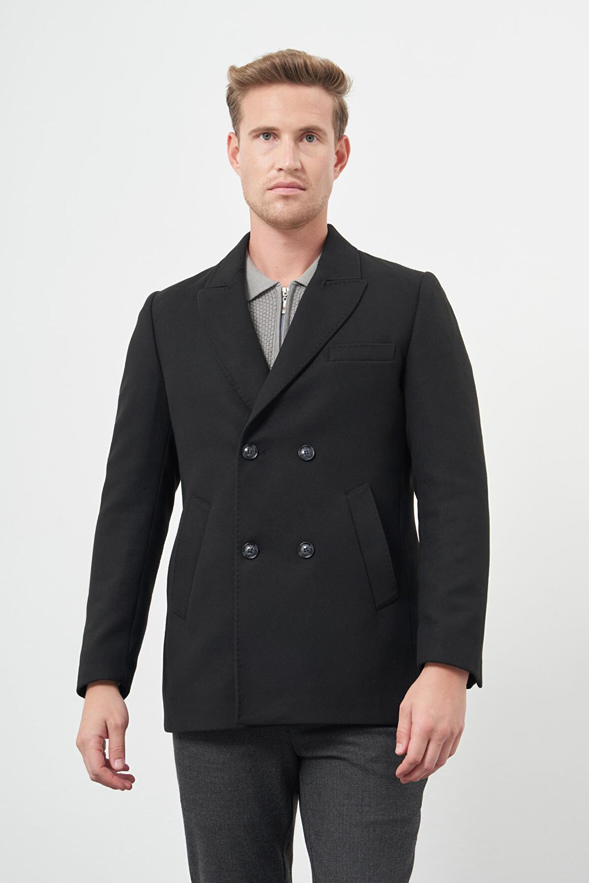 Siyah Kruvaze Kaşe Kılıç Yaka Düz Yırtmaçsız Tam Astar Slim Fit Classic Kaban 1008245152