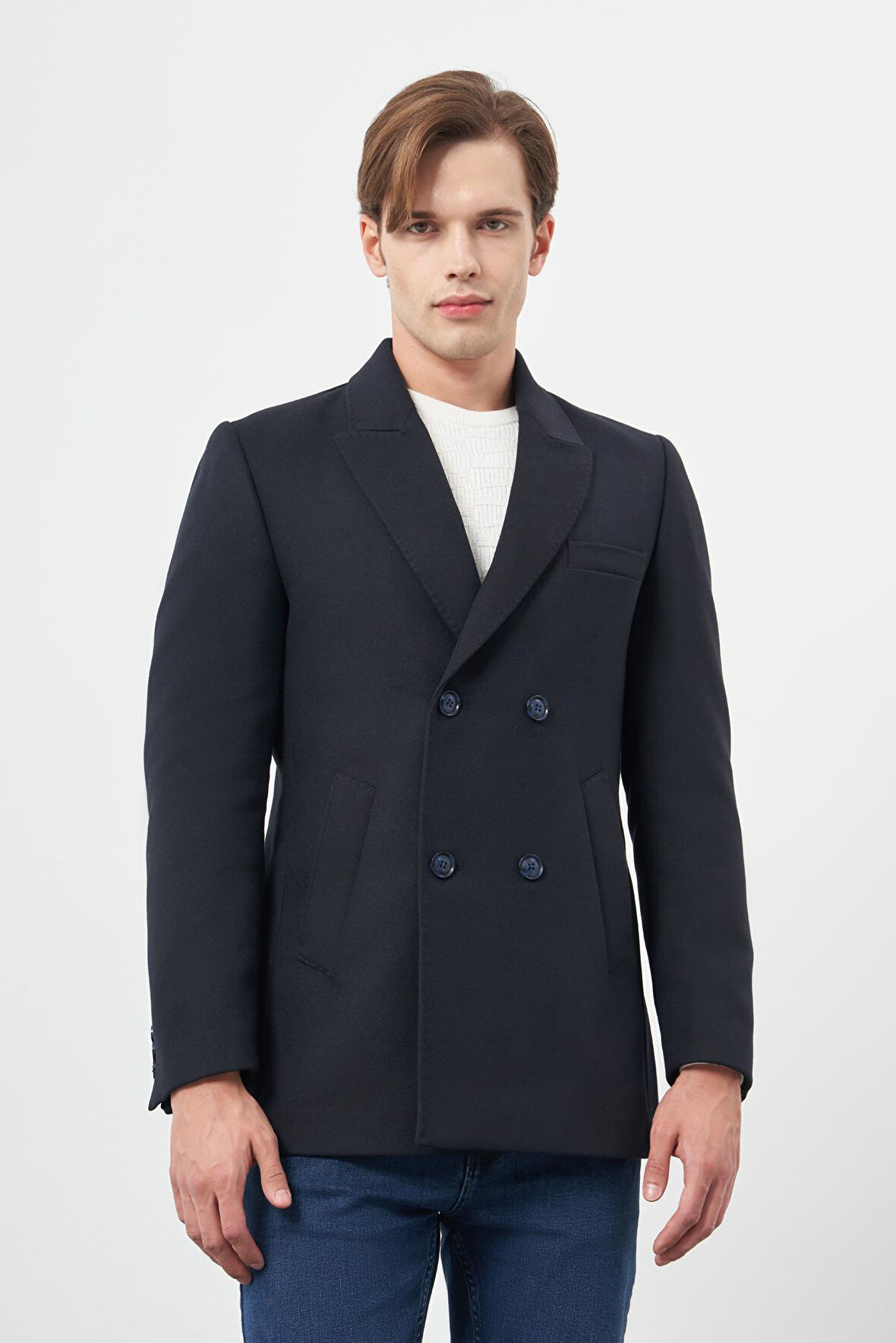 Koyu Lacivert Kruvaze Kaşe Kılıç Yaka Düz Yırtmaçsız Tam Astar Slim Fit Classic Kaban 1008245152