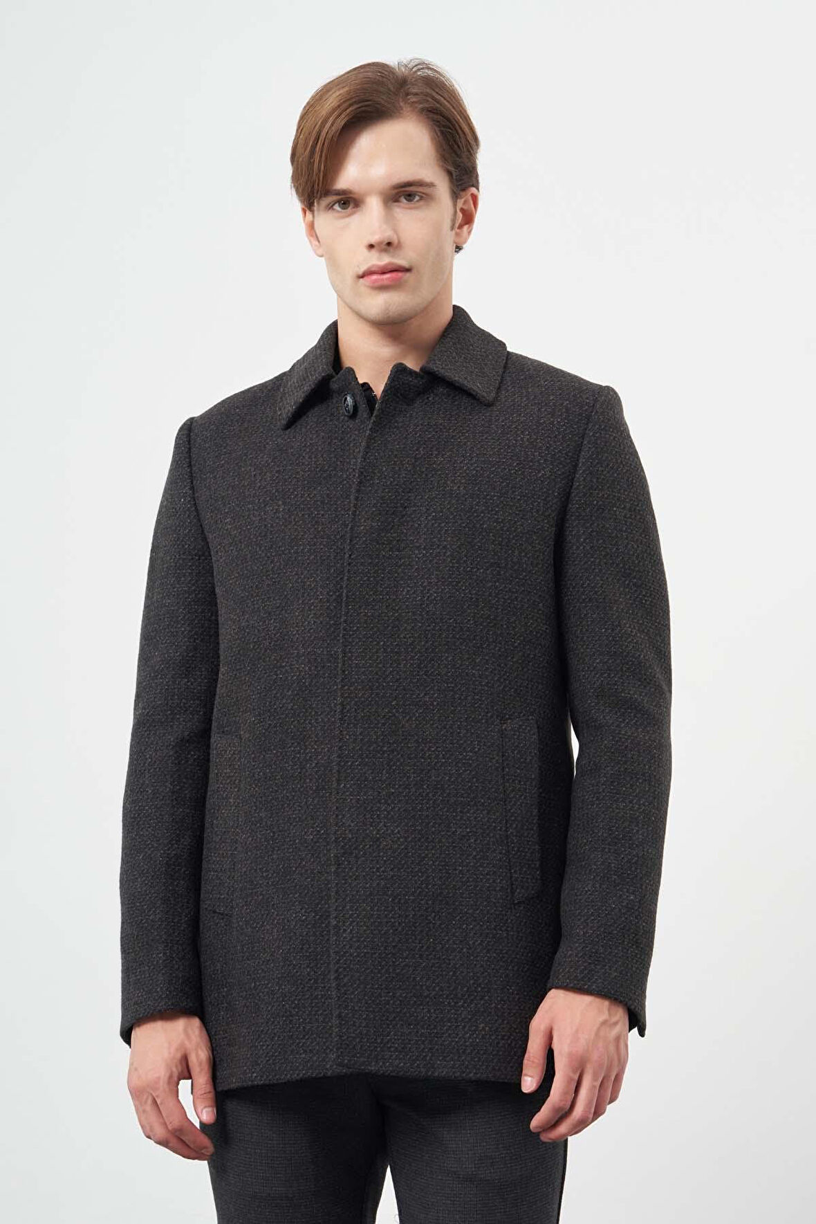 Koyu Antrasit Kaşe Bebe Yaka Kendinden Desenli Yırtmaçsız Sırt Kapitoneli Astar Comfort Fit Classic Kaban 1008245154