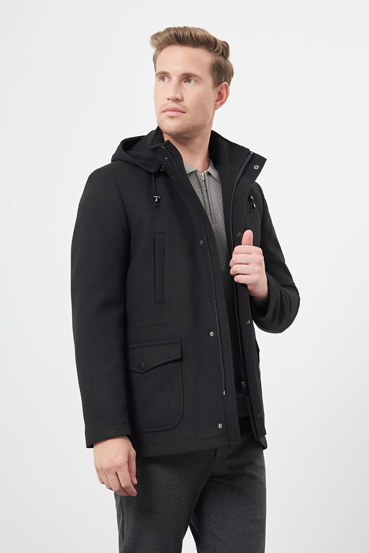 Siyah Kaşe Dik Yaka Astarlı Slim Fit Dar Kesim Klasik Kaban 1008245272