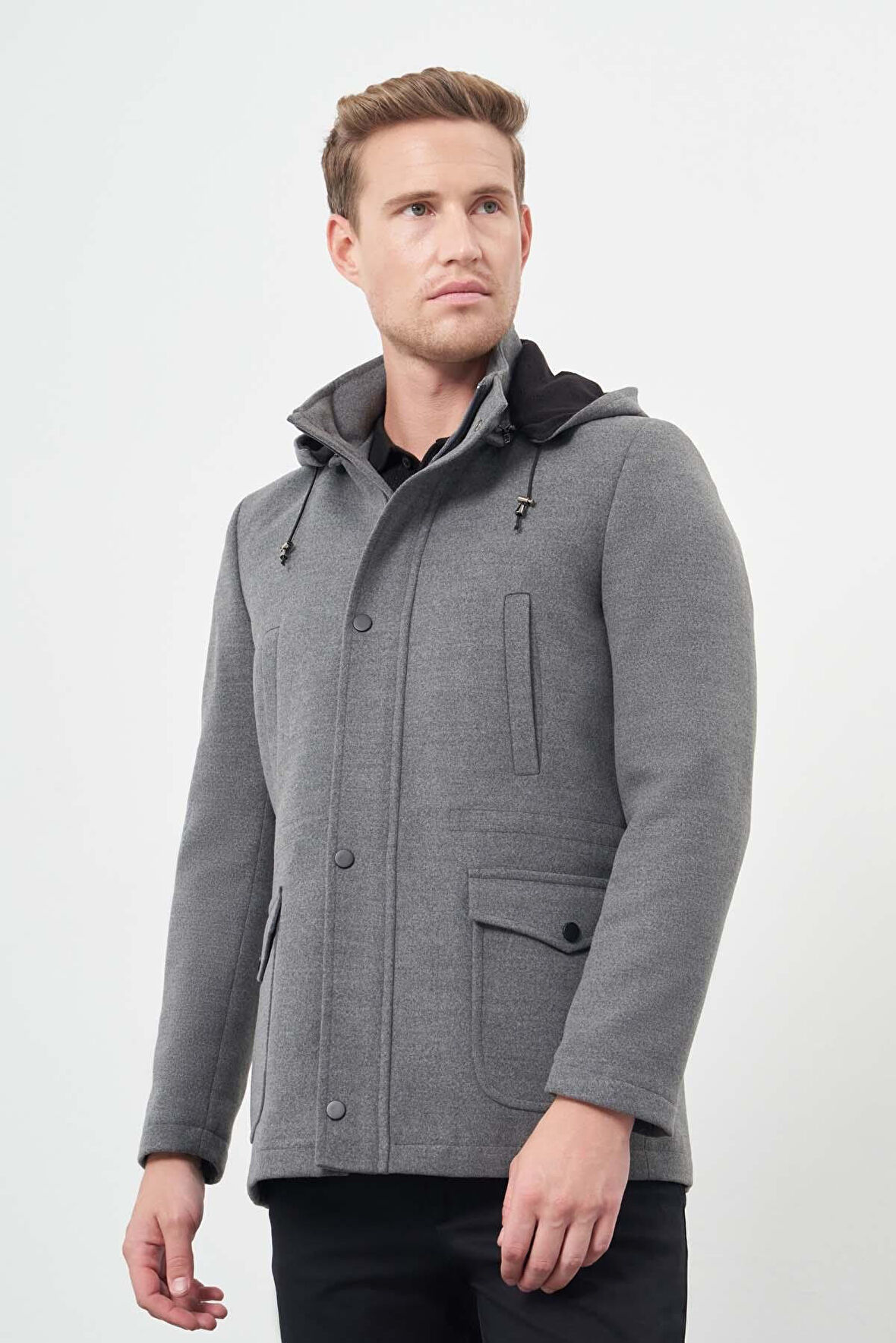 Füme Kaşe Dik Yaka Astarlı Slim Fit Dar Kesim Klasik Kaban 1008245272