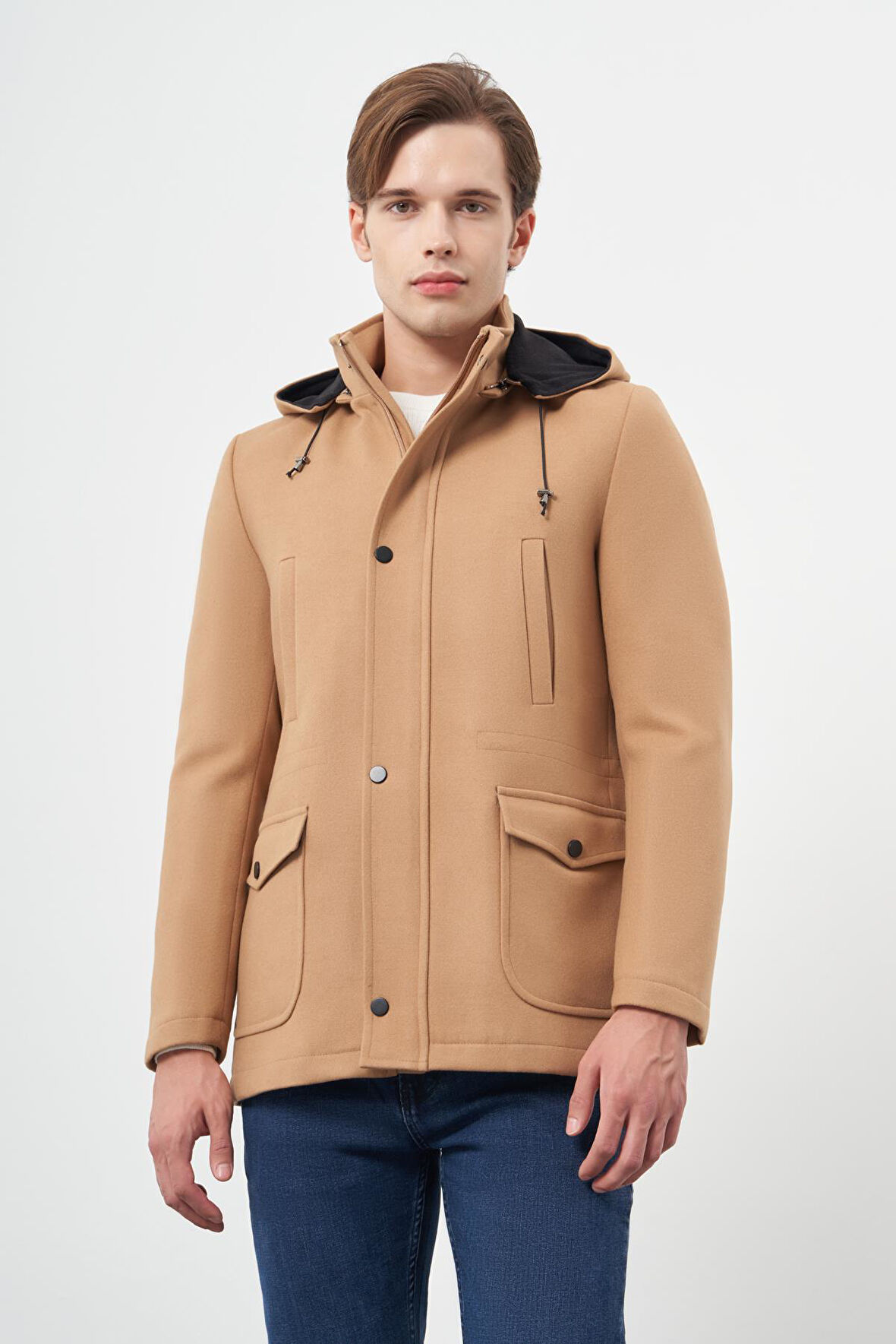 Camel Kaşe Dik Yaka Astarlı Slim Fit Dar Kesim Klasik Kaban 1008245272