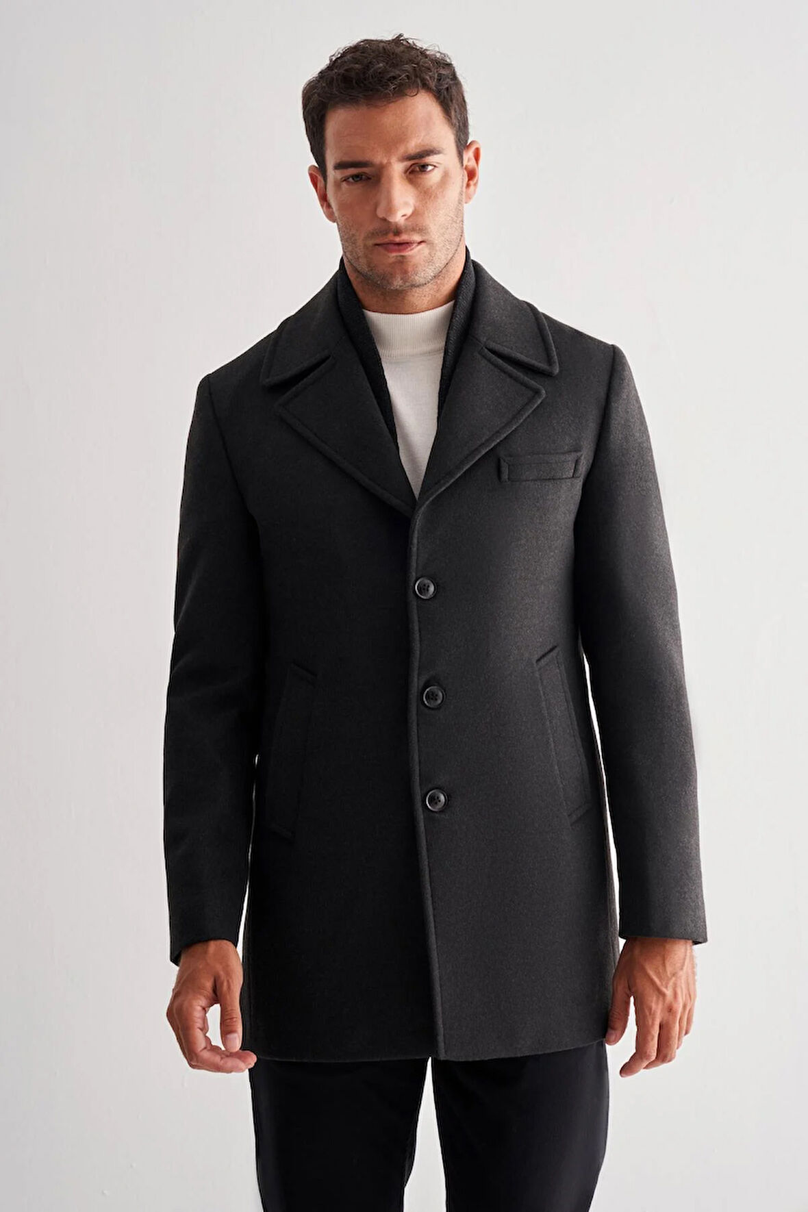 Koyu Antrasit Mono Yaka Classic Comfort Fit Esnek Kaşe Kaban 1008255160